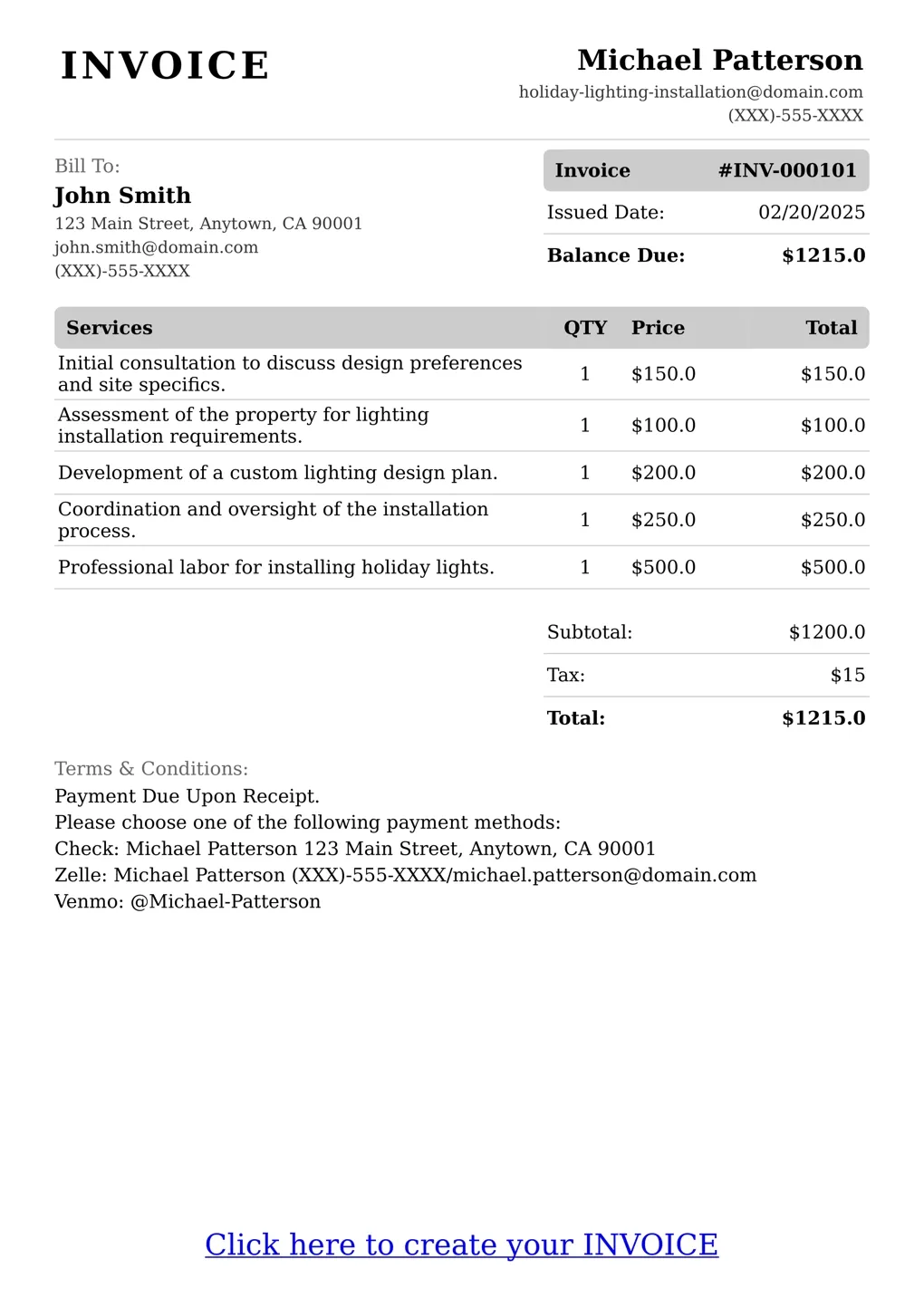 Sample of a Holiday Lighting Installation services invoice