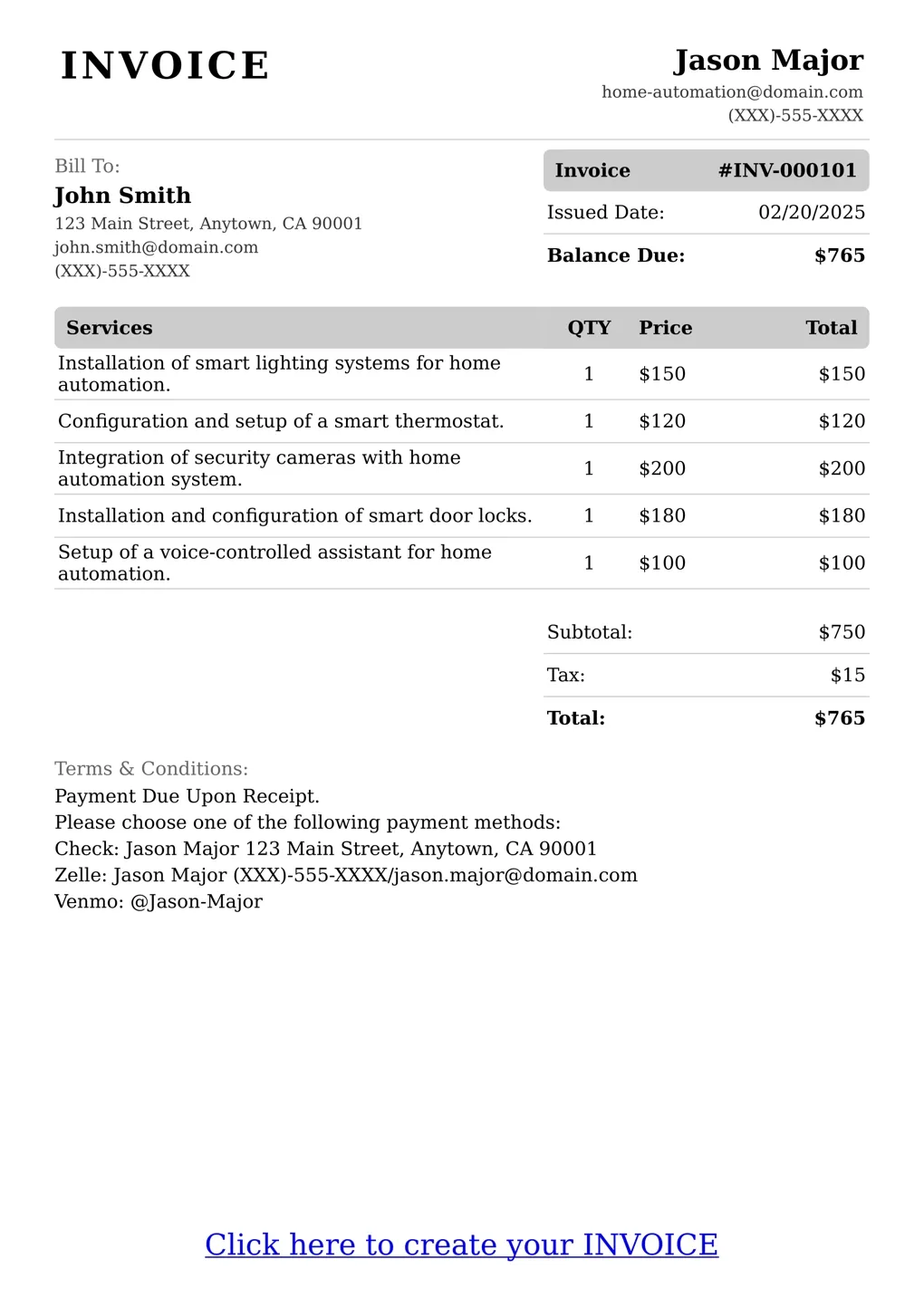 Sample of a Home Automation services invoice