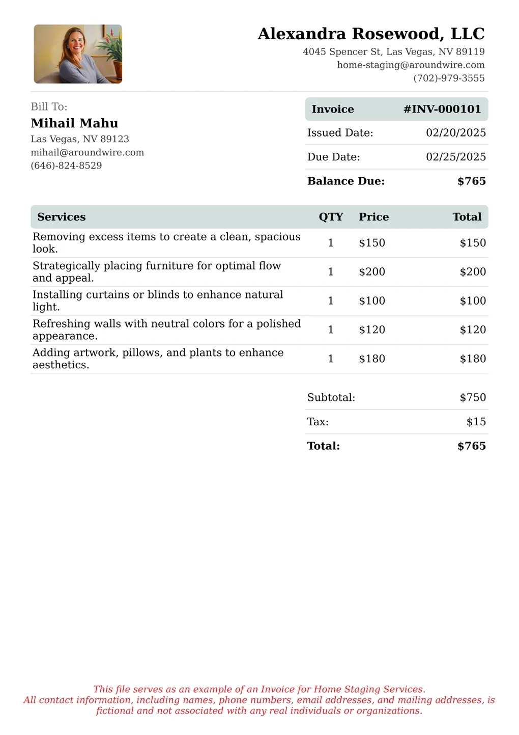 Sample of a Home Staging services invoice