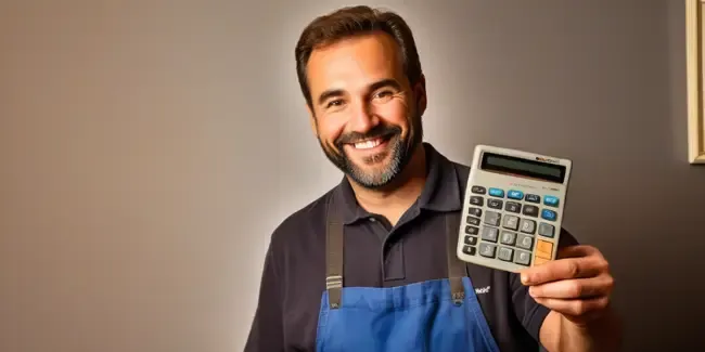 Home Theater Repair professional holding a basic calculator