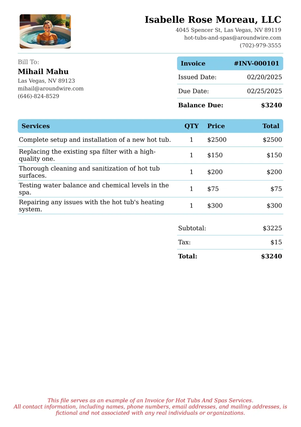 Sample of a Hot Tubs And Spas services invoice