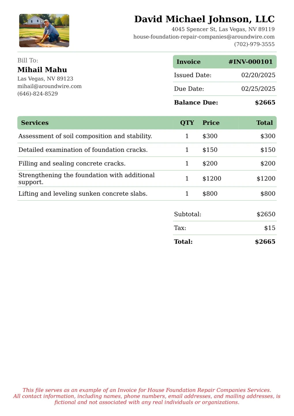 Sample of a House Foundation Repair Companies services invoice
