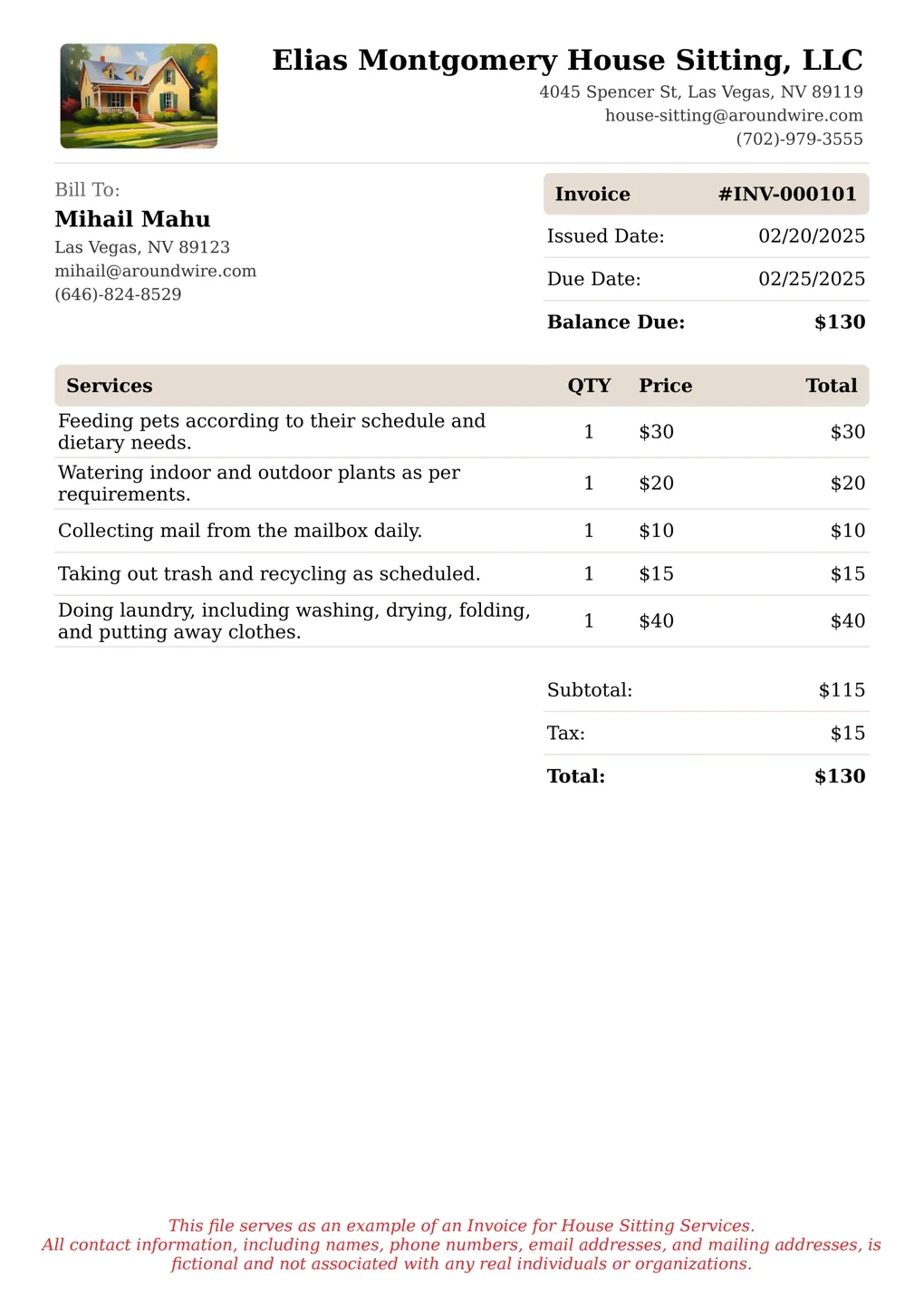 Sample of a House Sitting services invoice