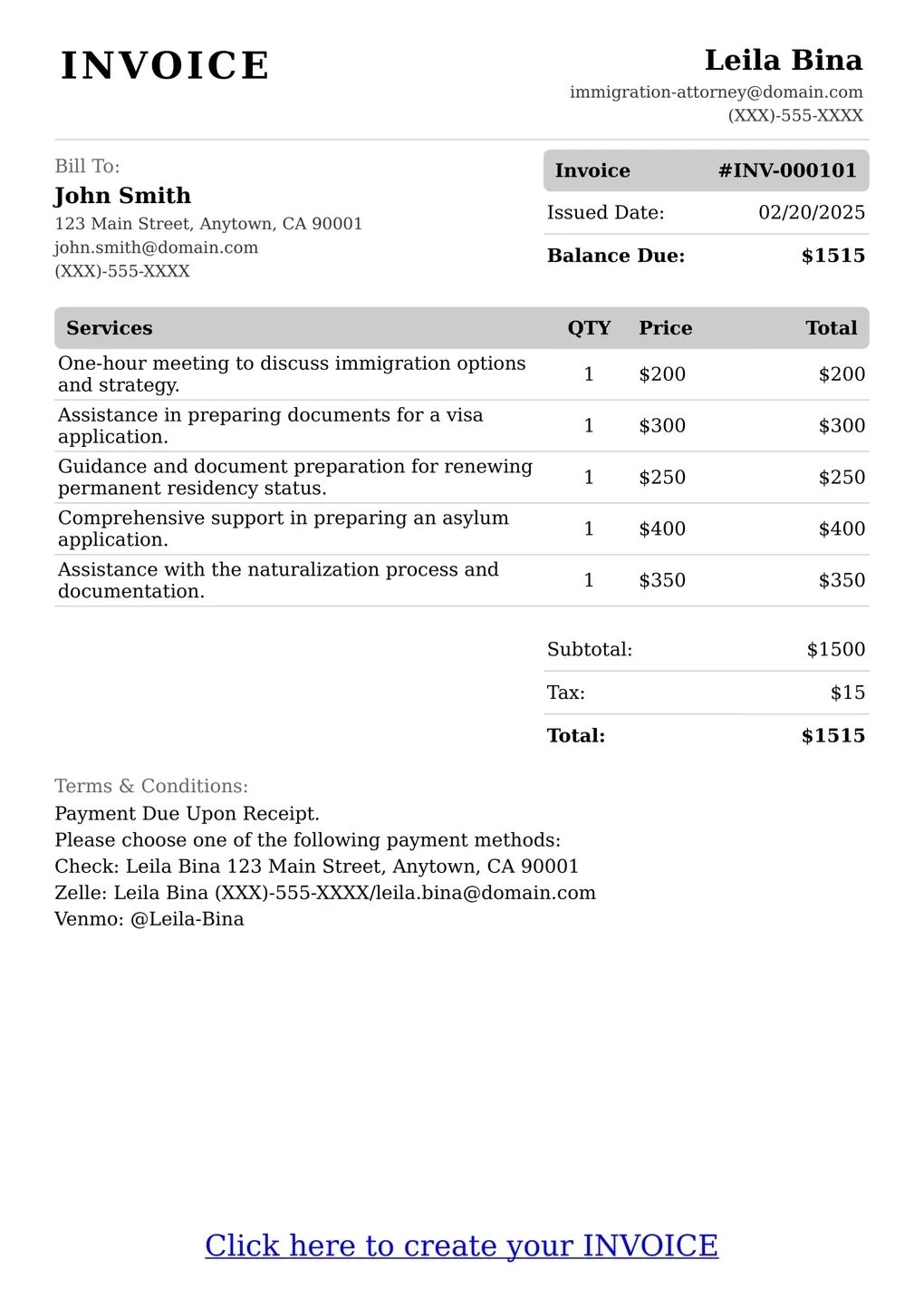 Sample of a Immigration Attorney services invoice