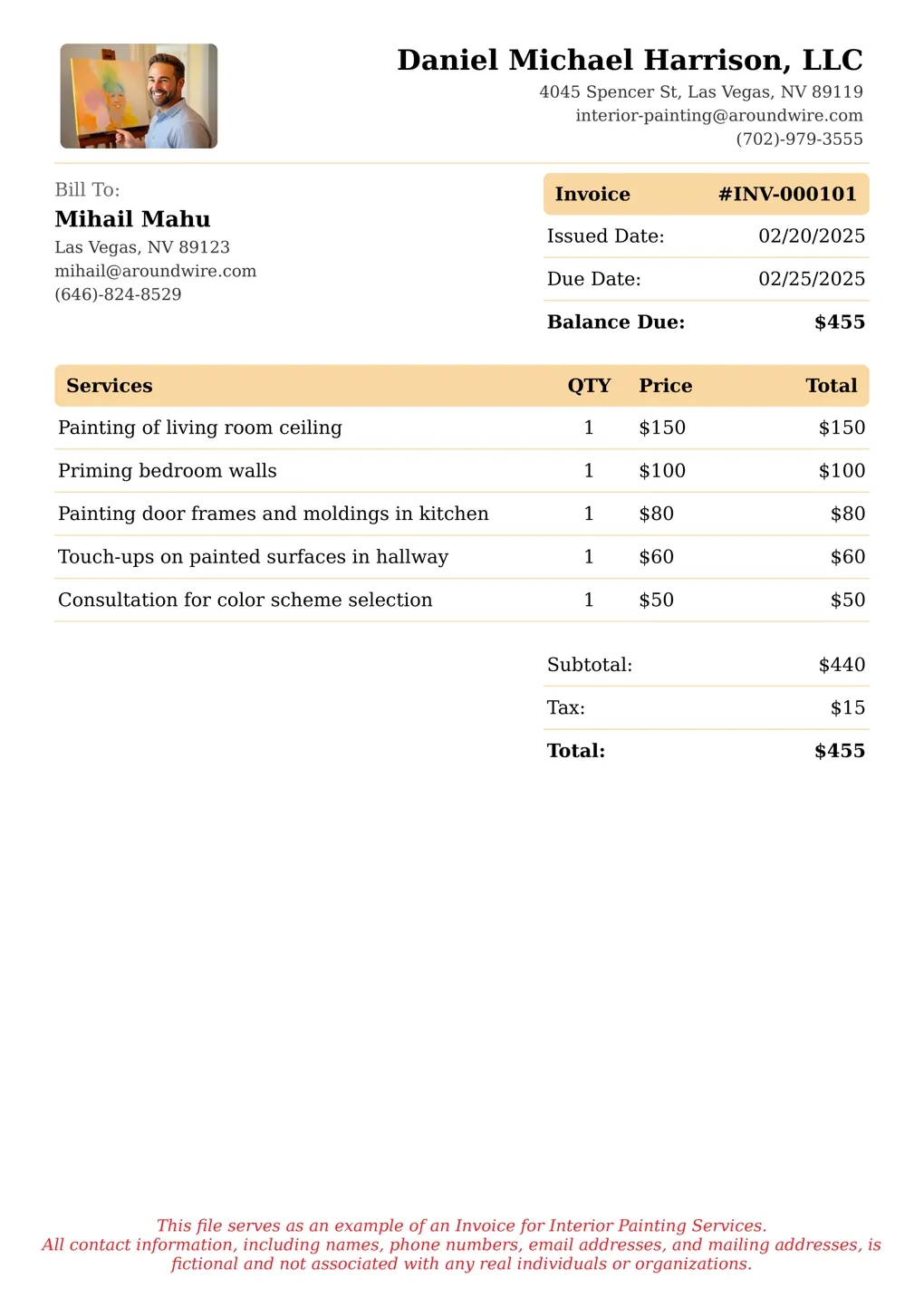Sample of a Interior Painting services invoice