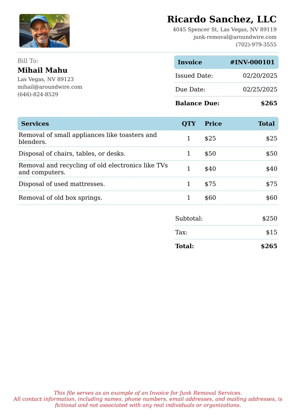 Sample of a Junk Removal services invoice