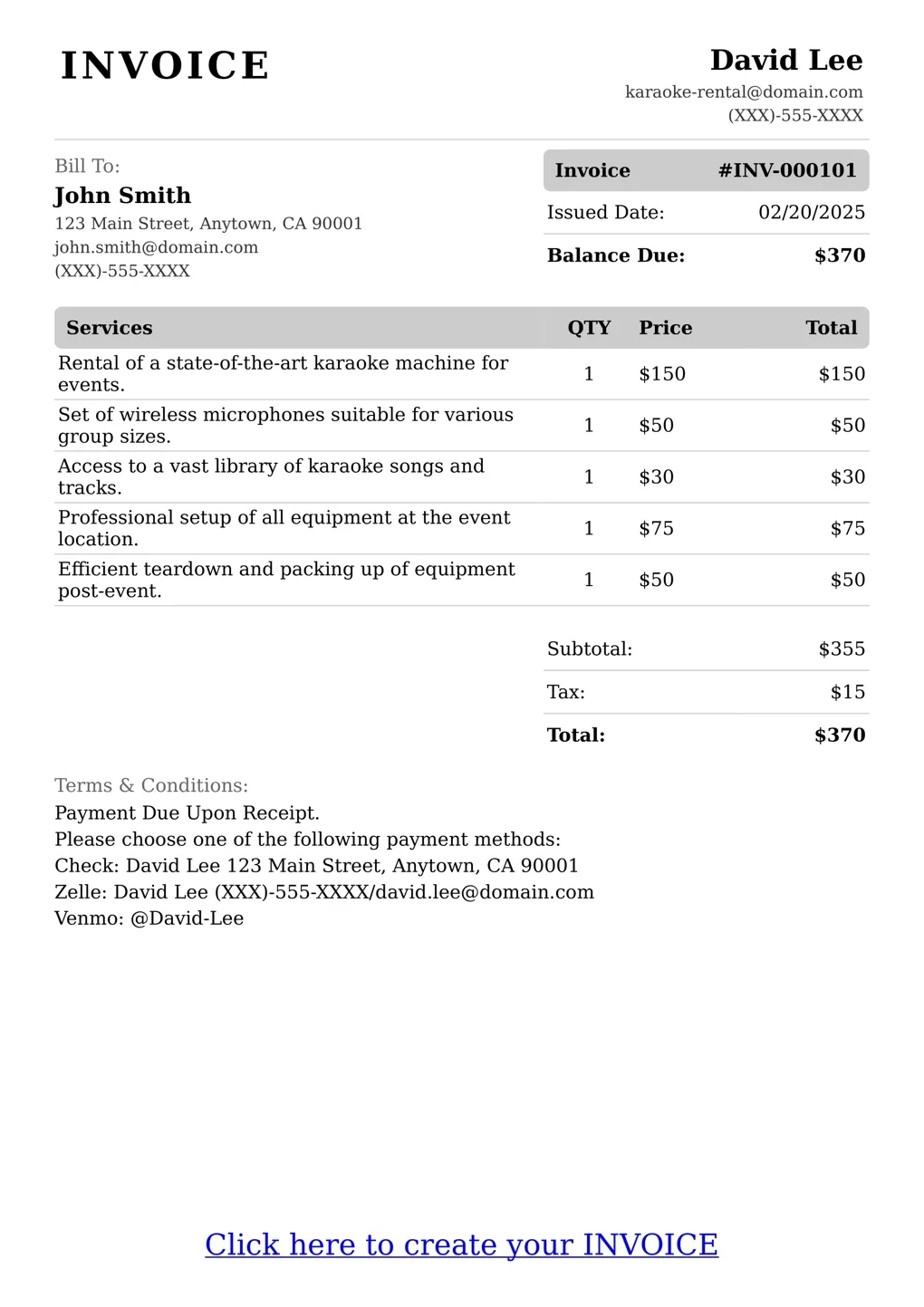 Sample of a Karaoke Rental services invoice