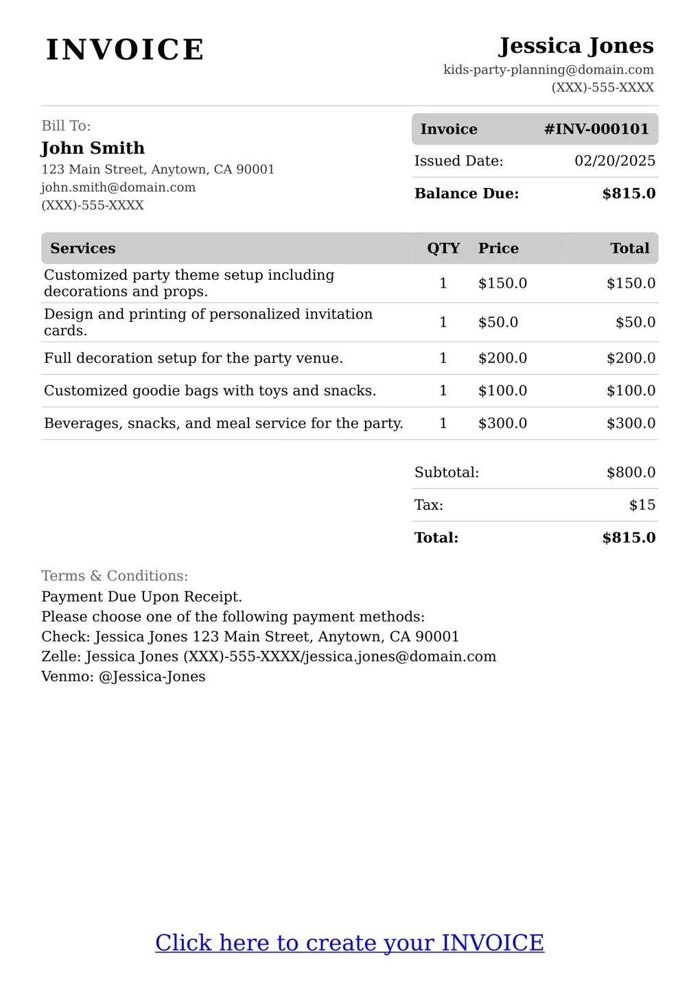 Sample of a Kids Party Planning services invoice