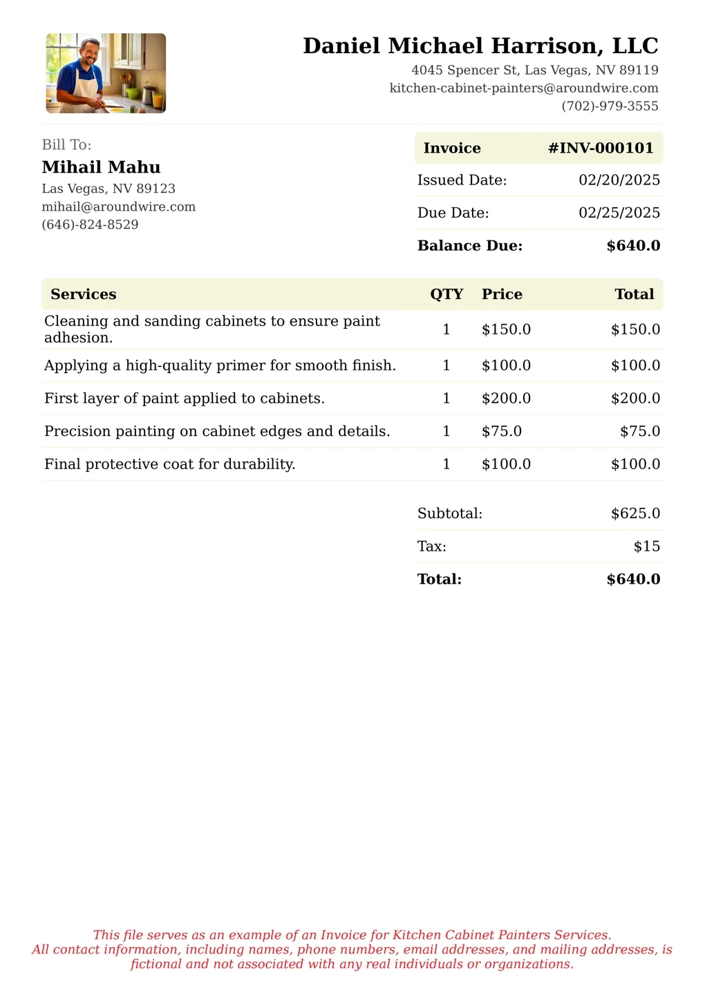 Sample of a Kitchen Cabinet Painters services invoice