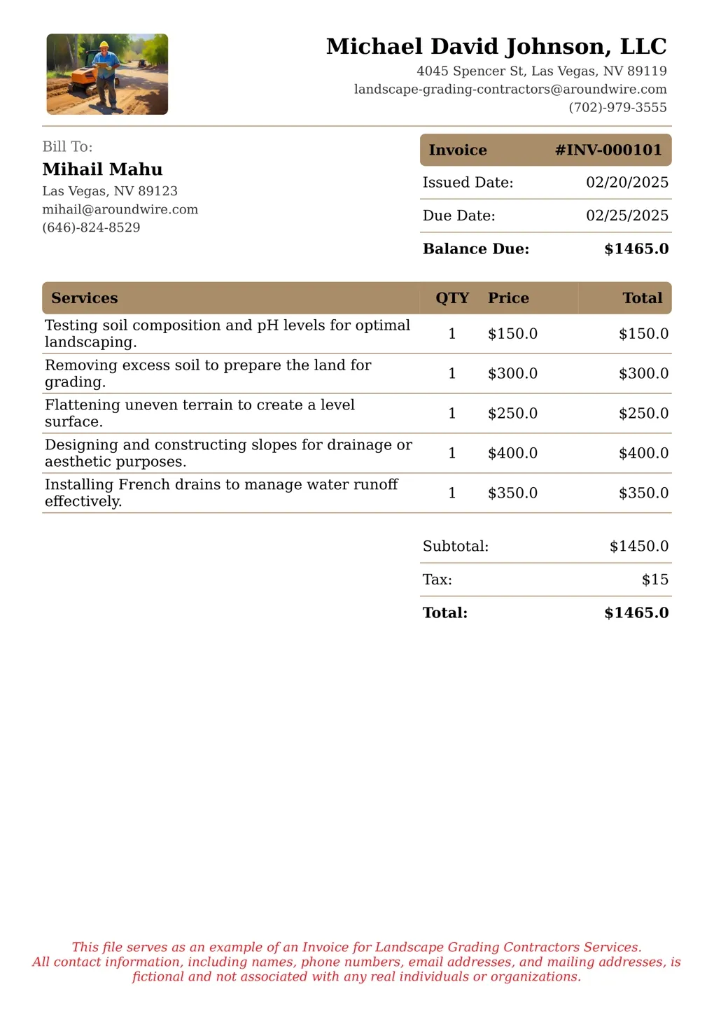 Sample of a Landscape Grading Contractors services invoice