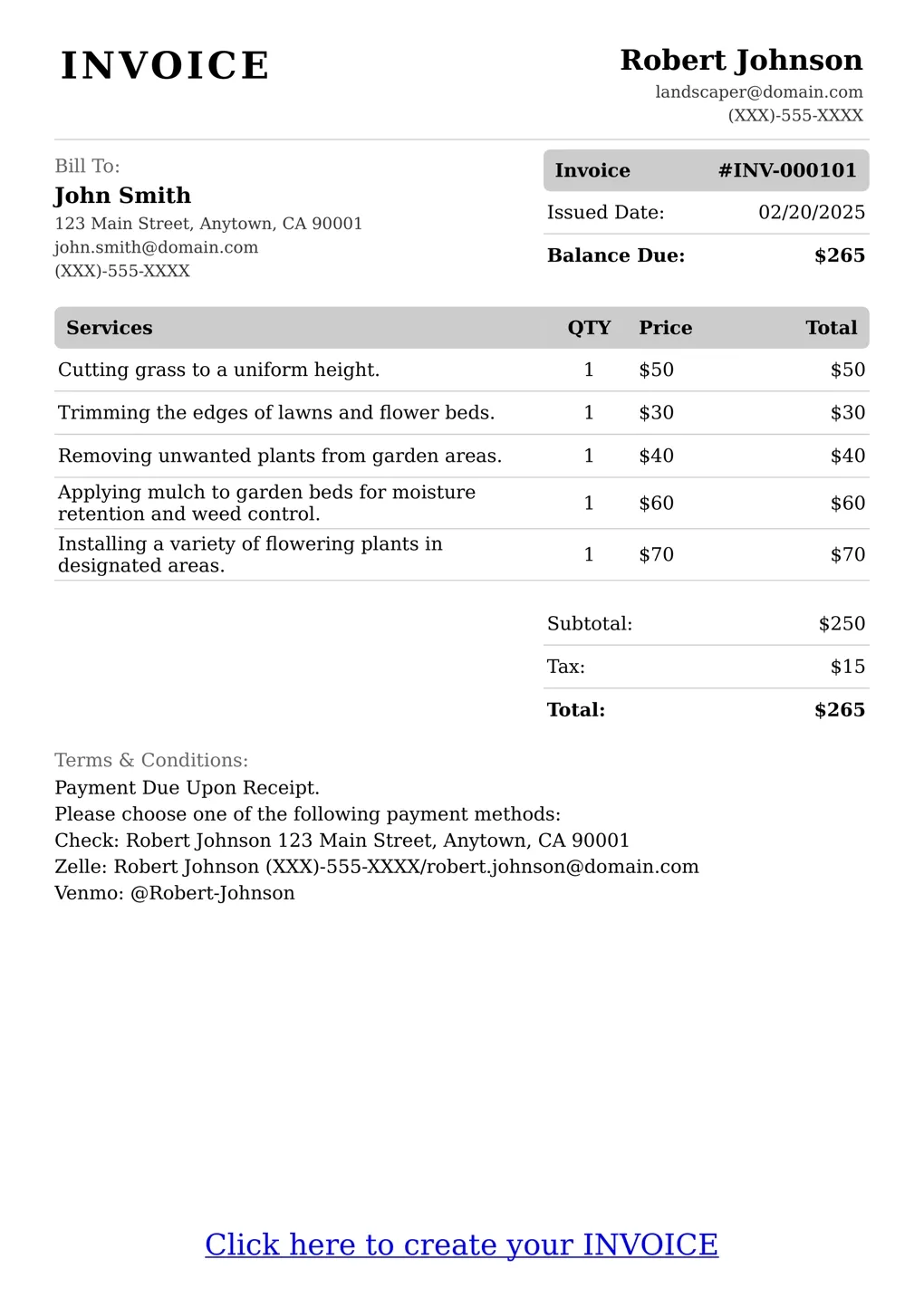 Sample of a Landscaper services invoice