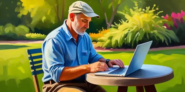 Landscaping professional working at a laptop