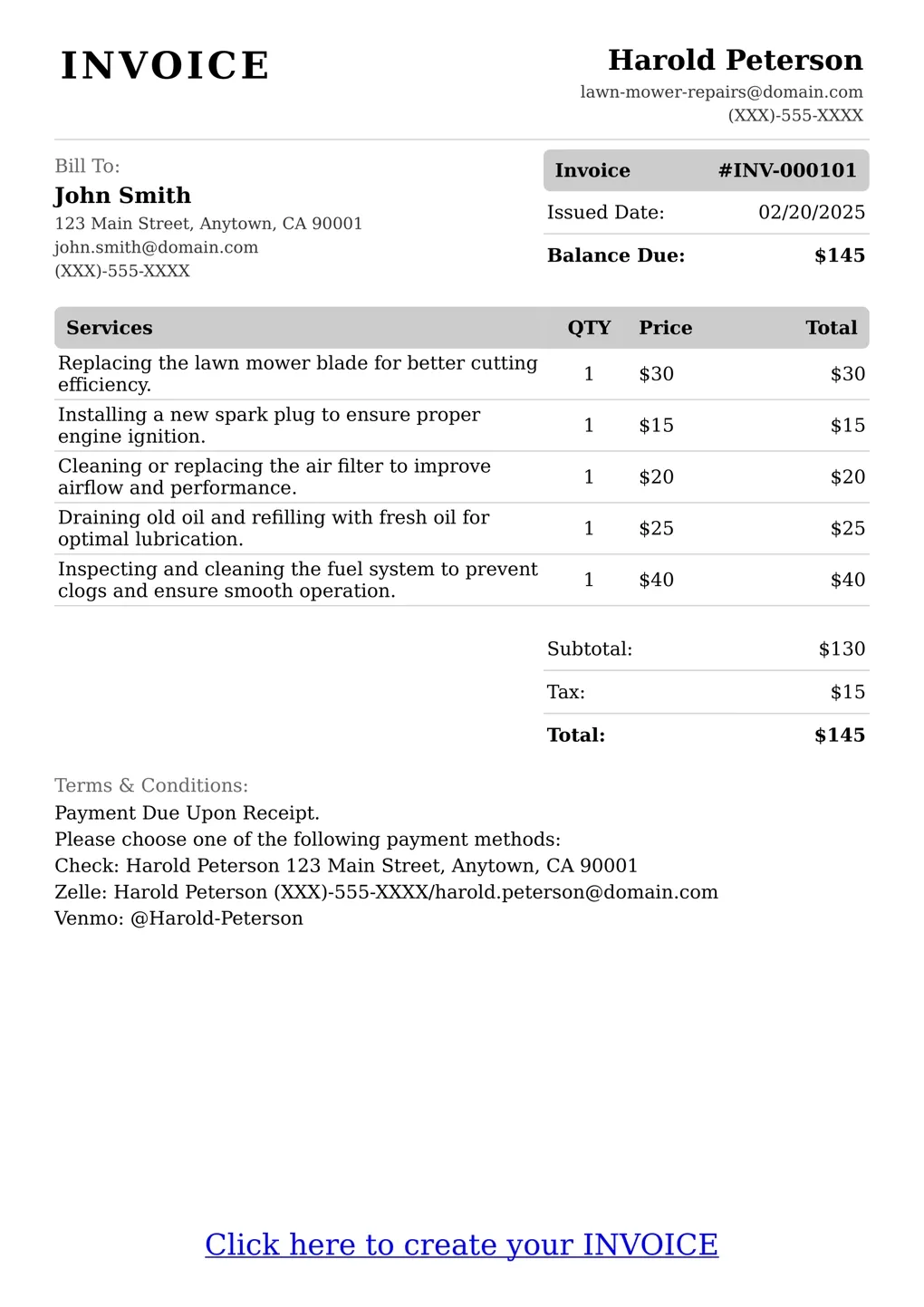 Sample of a Lawn Mower Repairs services invoice