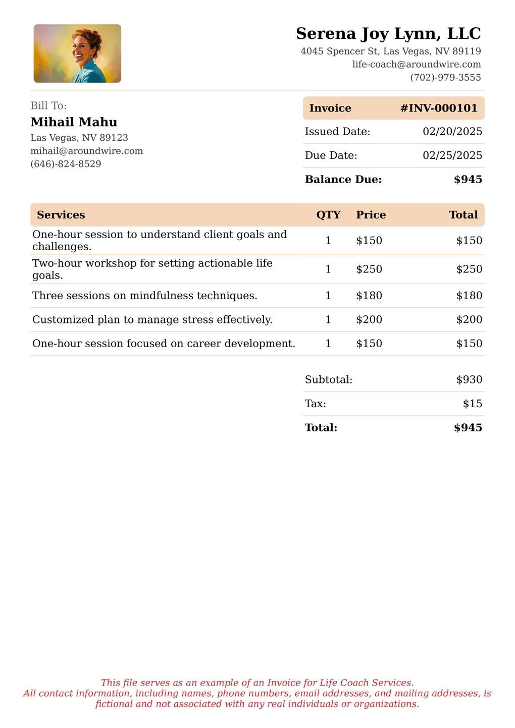 Sample of a Life Coach services invoice