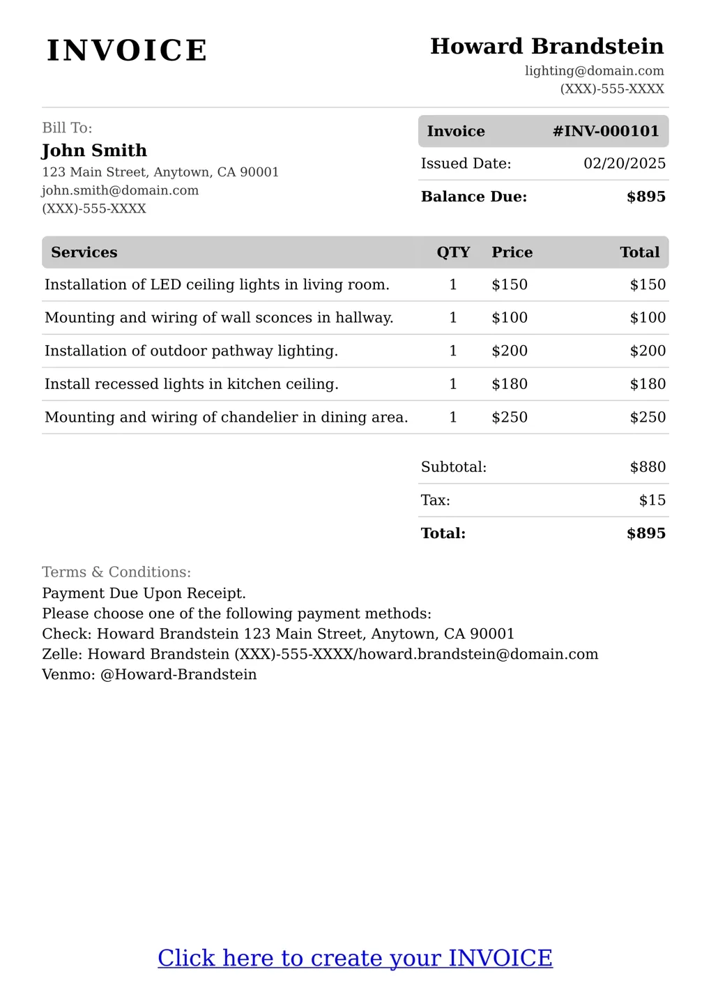 Sample of a Lighting services invoice