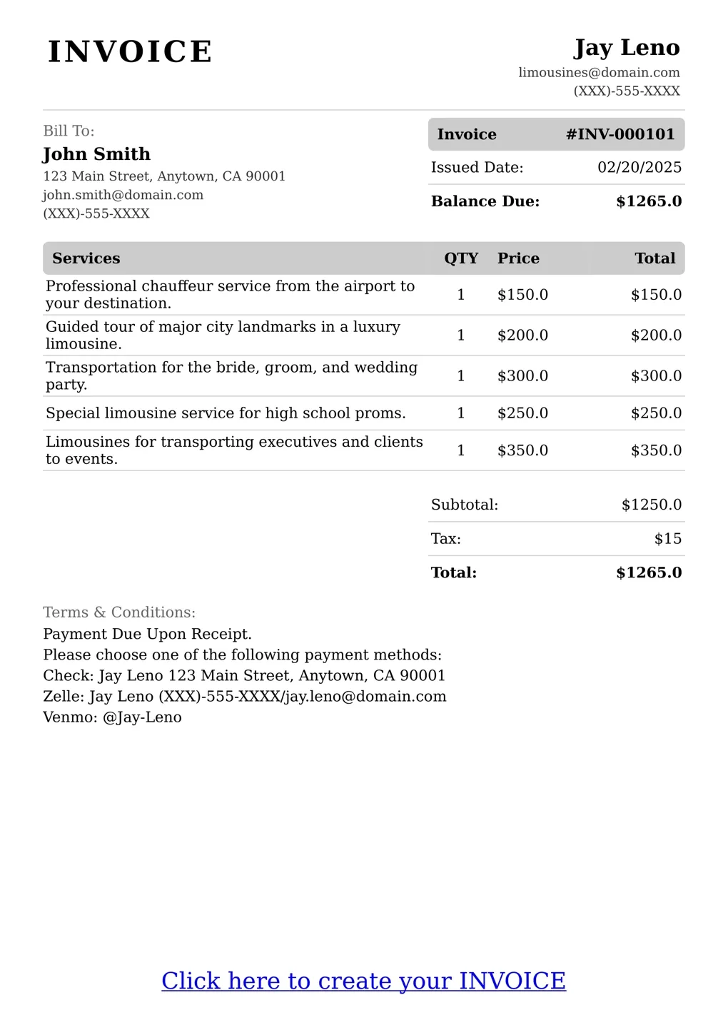 Sample of a Limousines services invoice