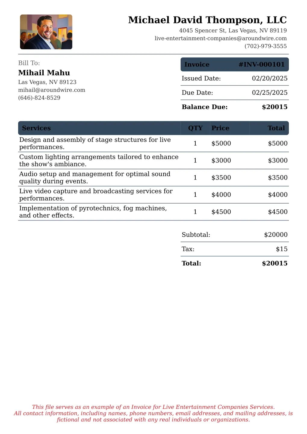 Sample of a Live Entertainment Companies services invoice