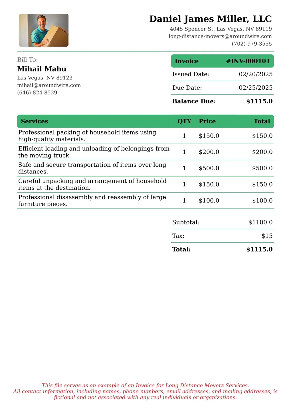 Sample of a Long Distance Movers services invoice