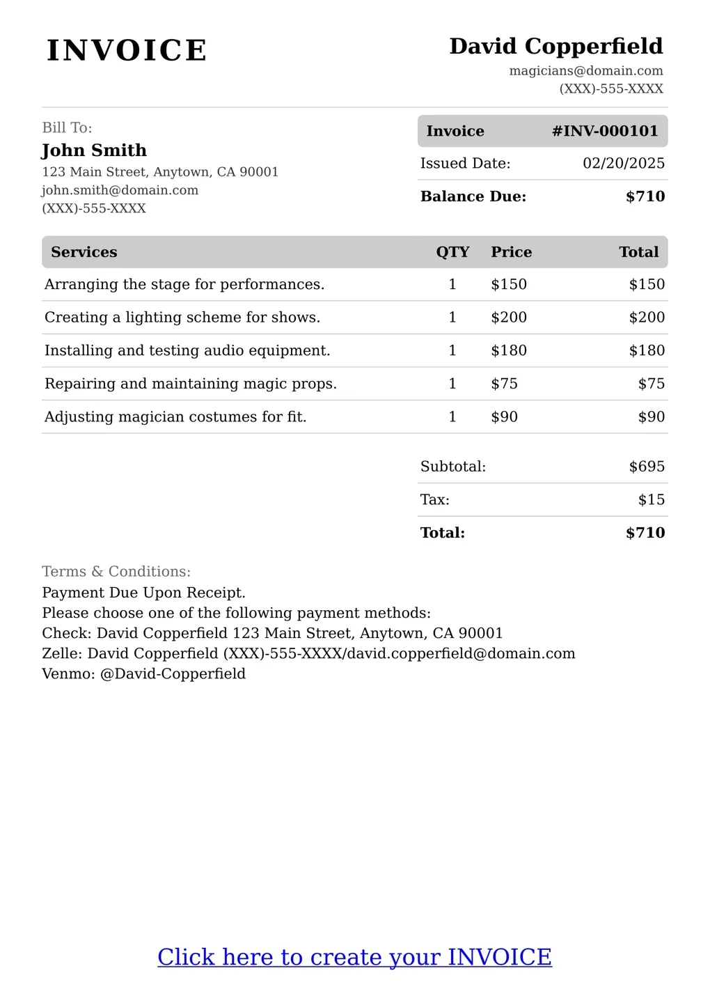 Sample of a Magicians services invoice
