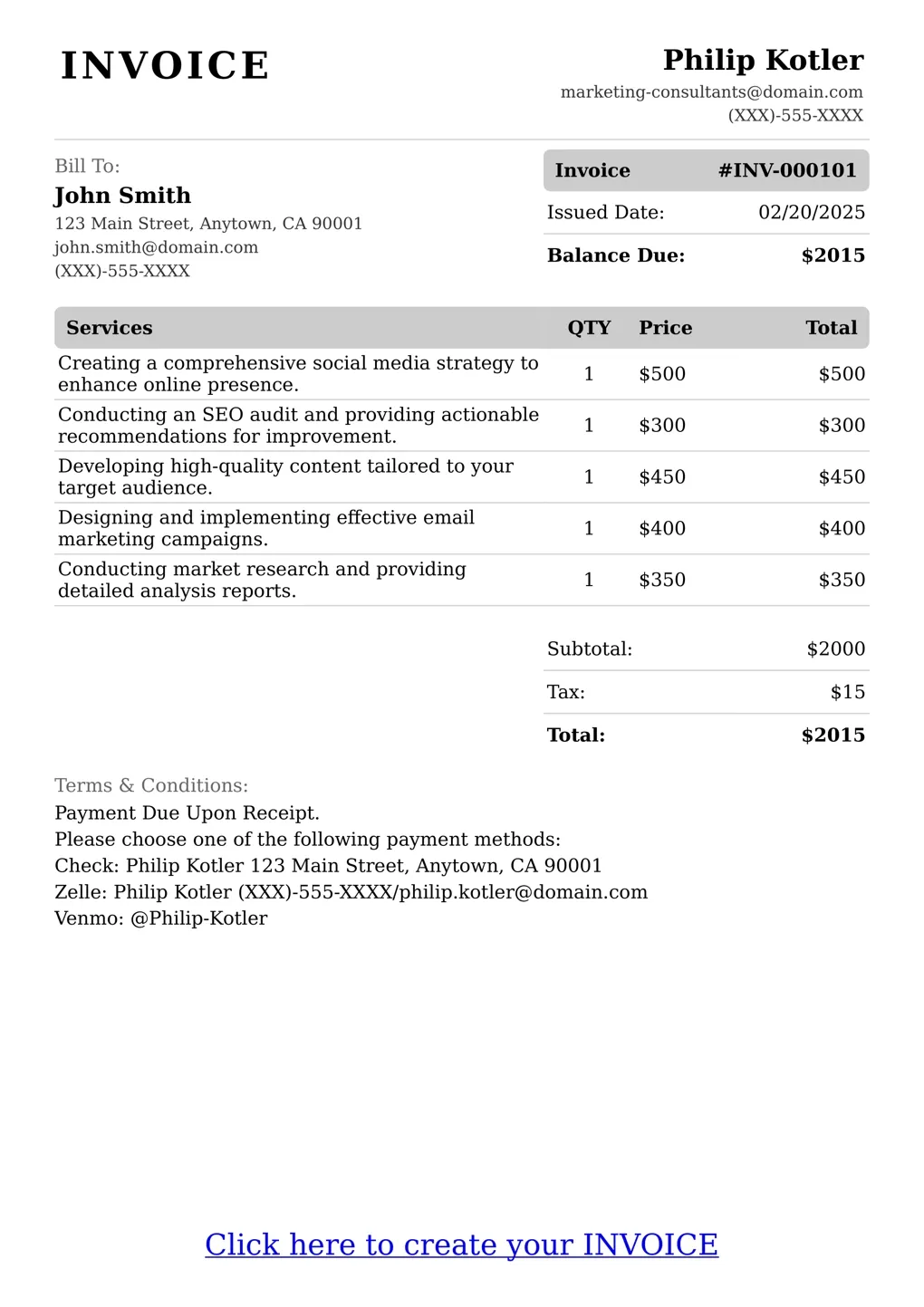 Sample of a Marketing Consultants services invoice