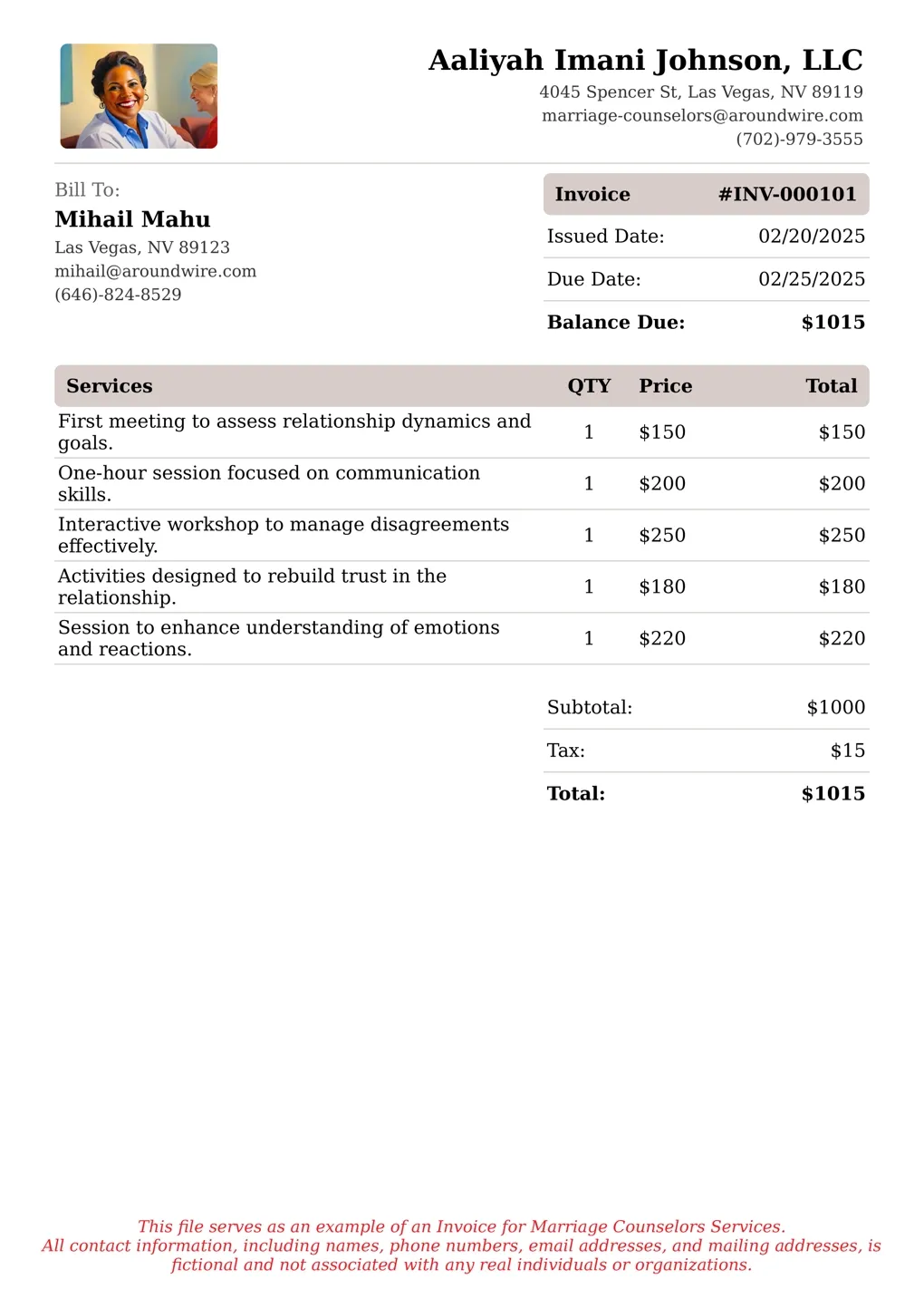 Sample of a Marriage Counselors services invoice