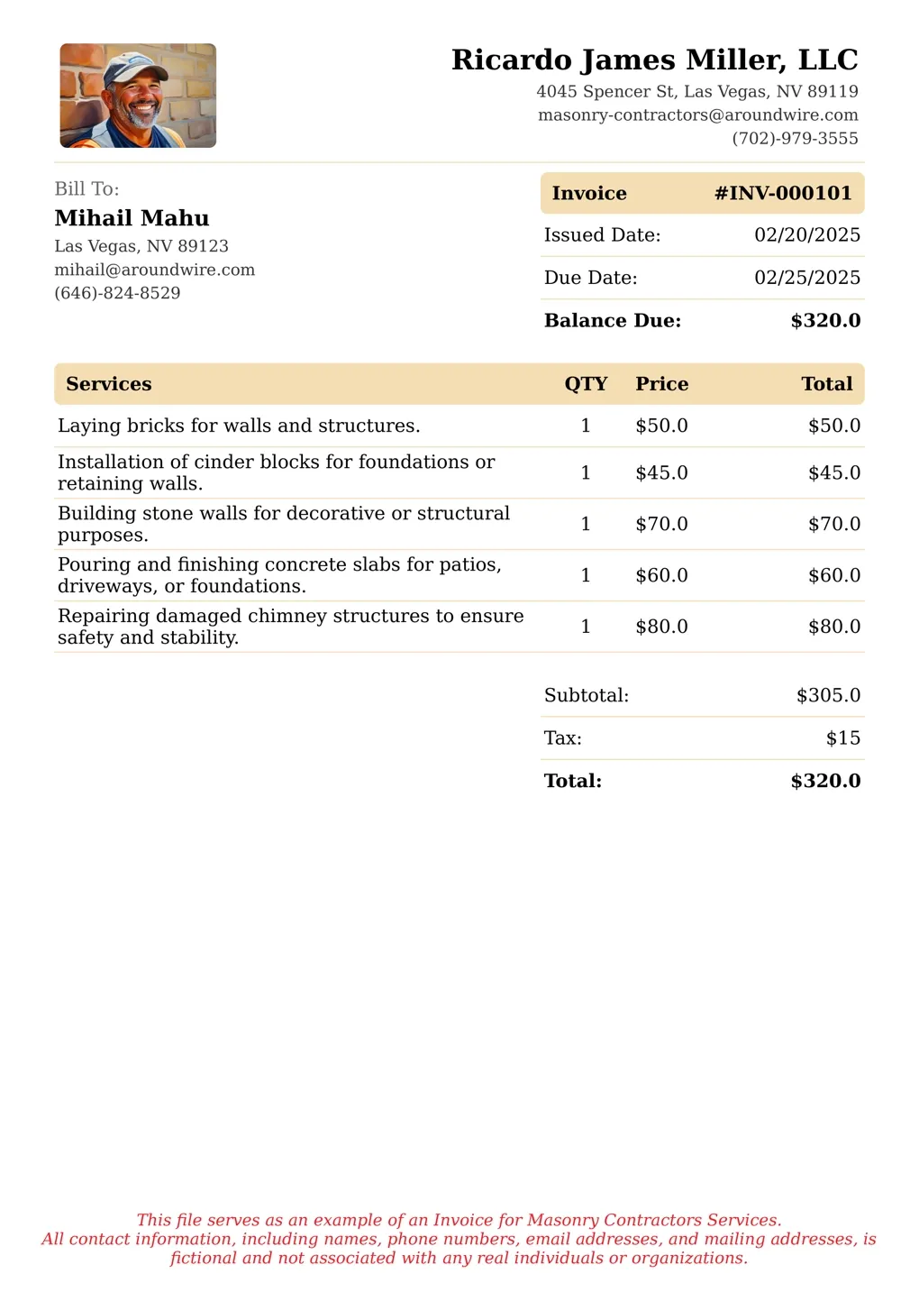 Sample of a Masonry Contractors services invoice