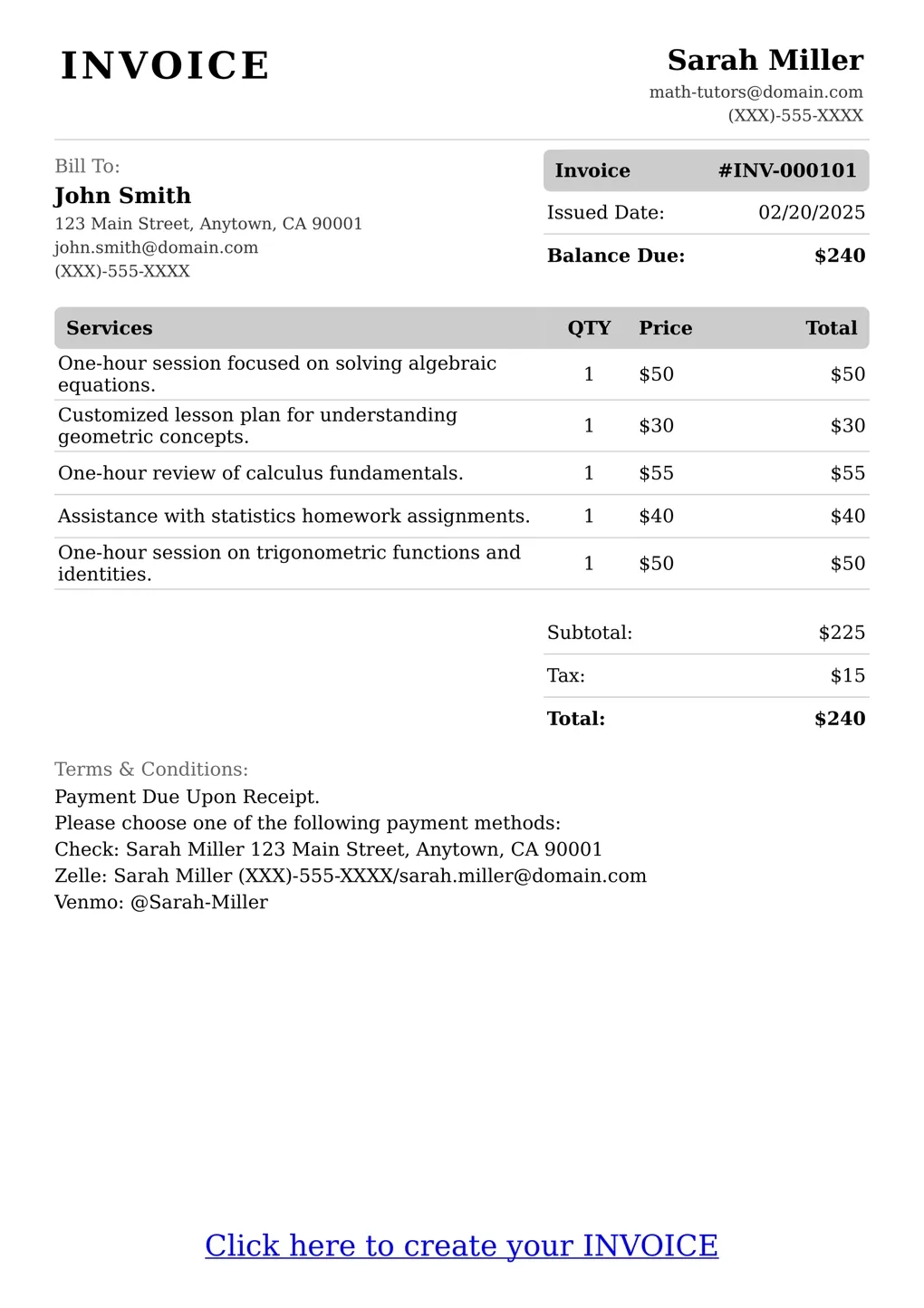 Sample of a Math Tutors services invoice