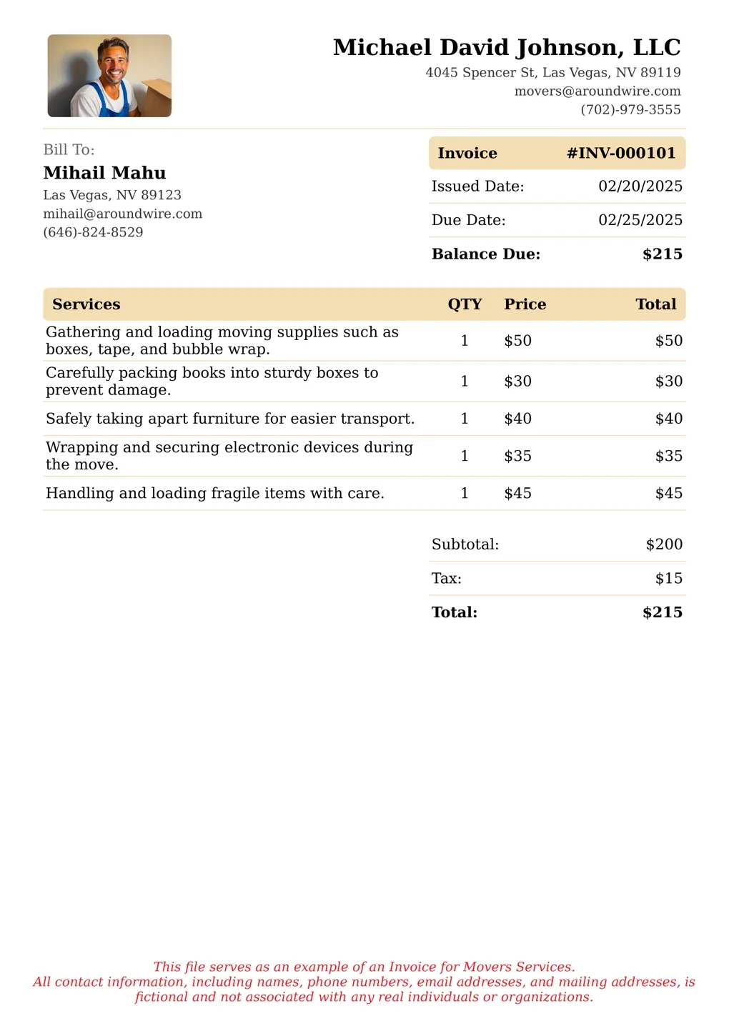 Sample of a Movers services invoice
