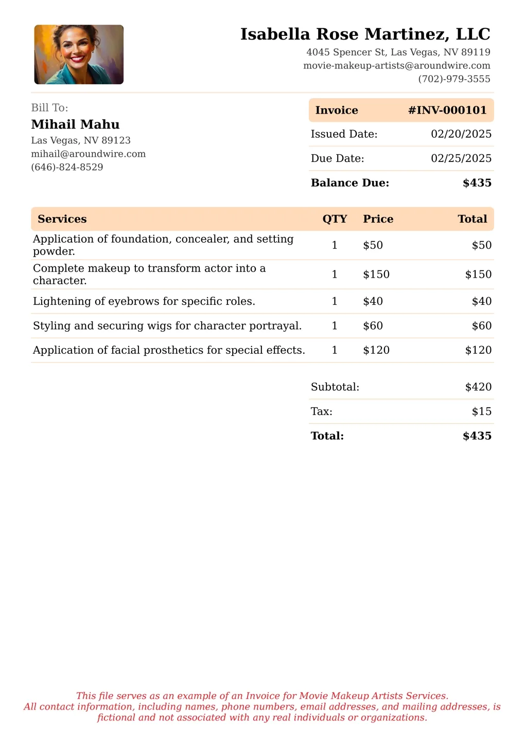 Sample of a Movie Makeup Artists services invoice