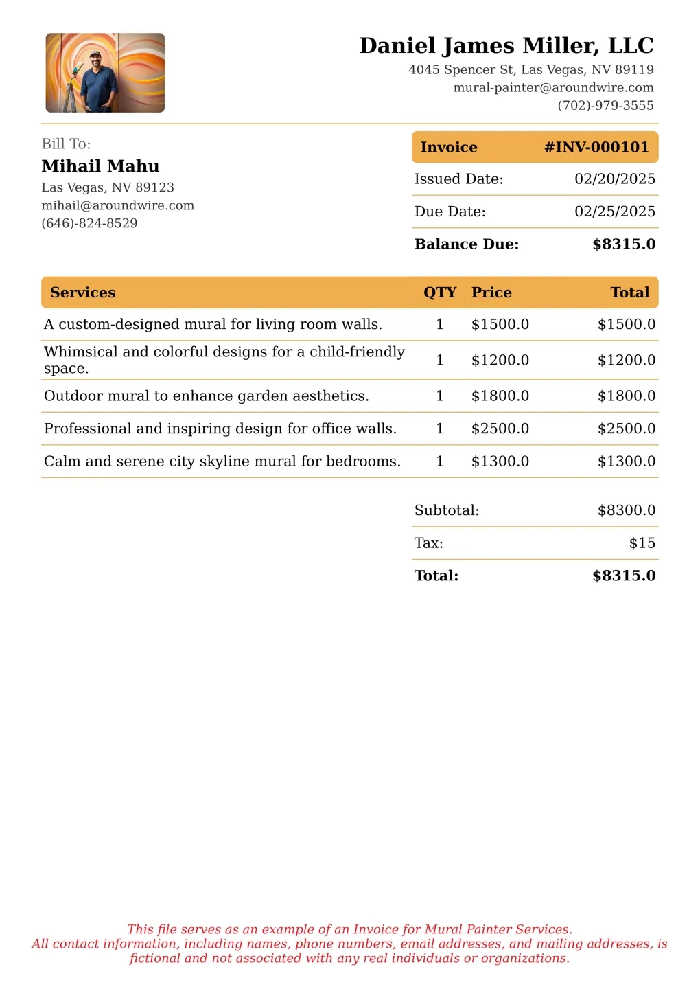 Sample of a Mural Painter services invoice