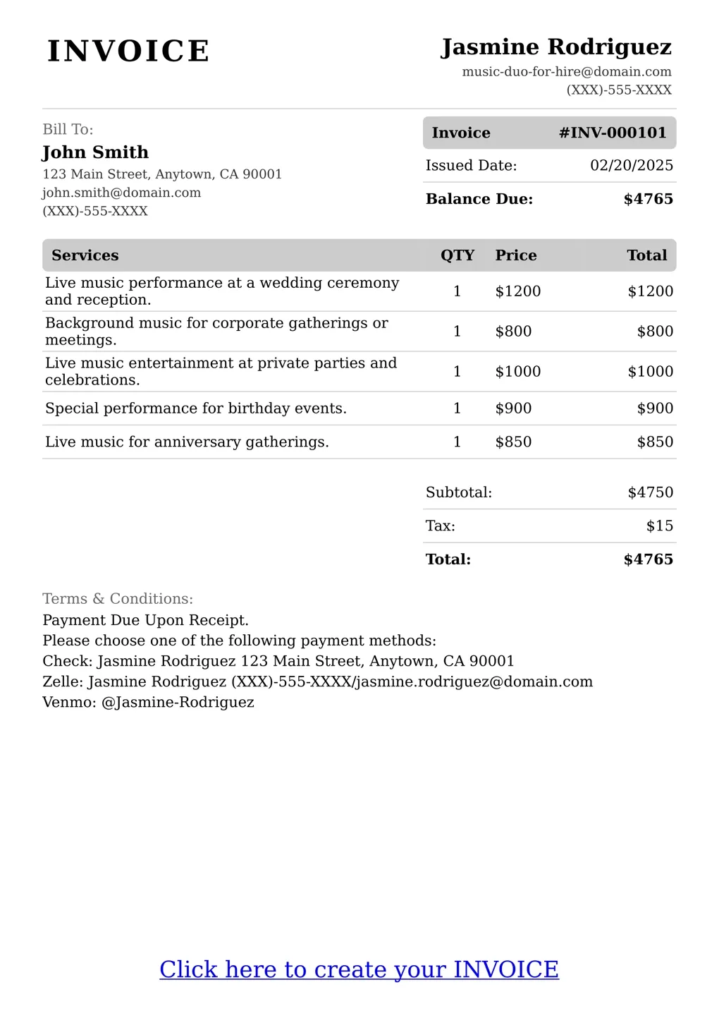 Sample of a Music Duo For Hire services invoice