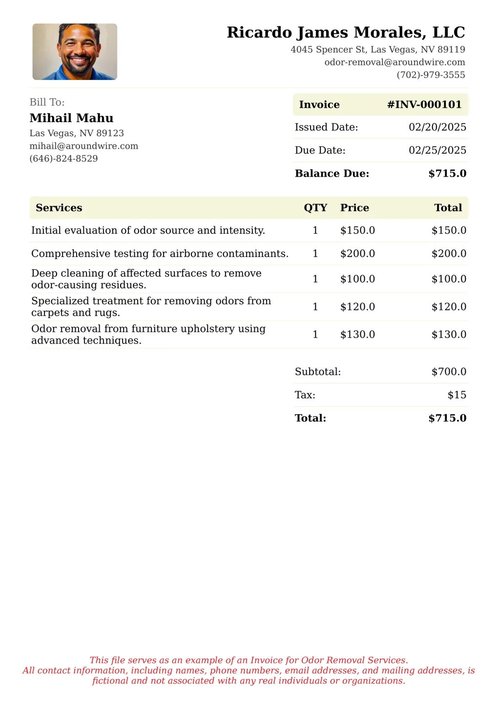 Sample of a Odor Removal services invoice