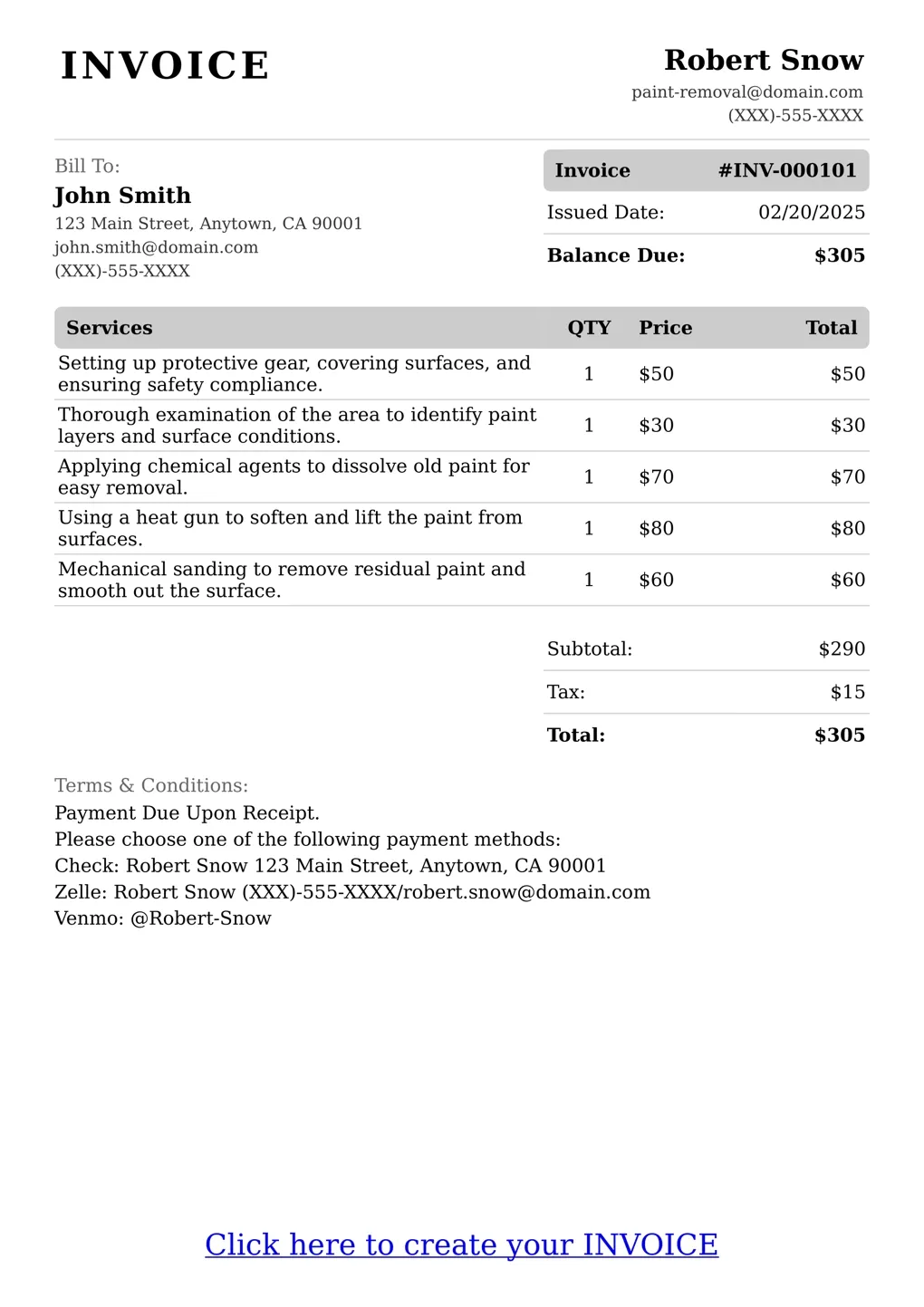 Sample of a Paint Removal services invoice