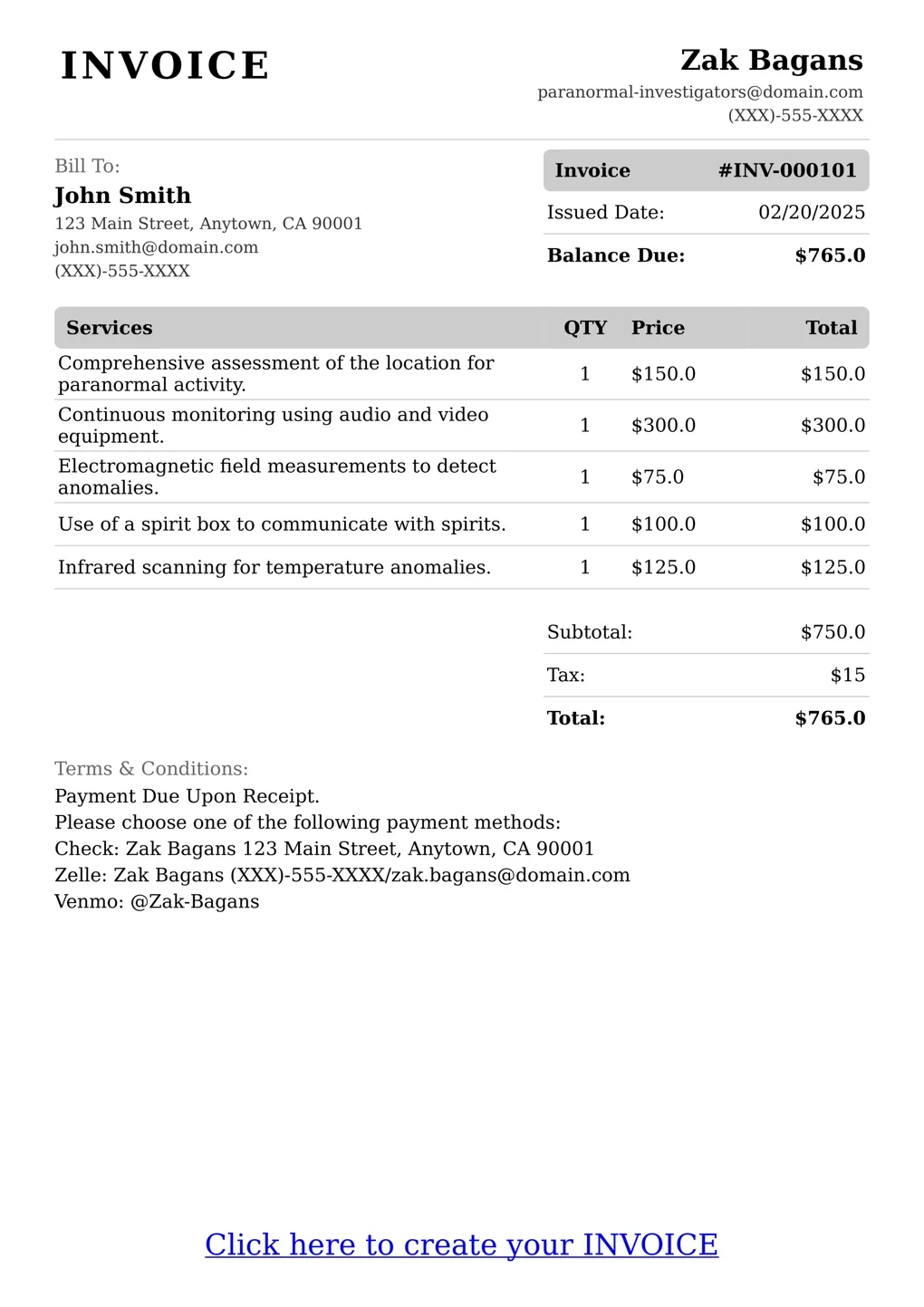 Sample of a Paranormal Investigators services invoice