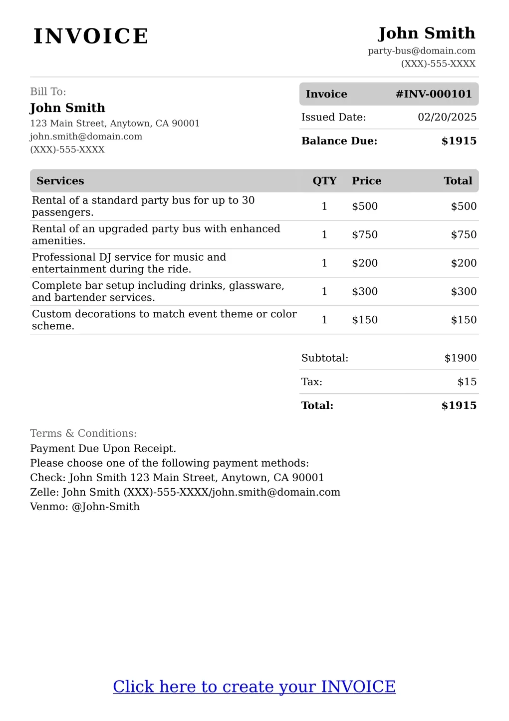 Sample of a Party Bus services invoice