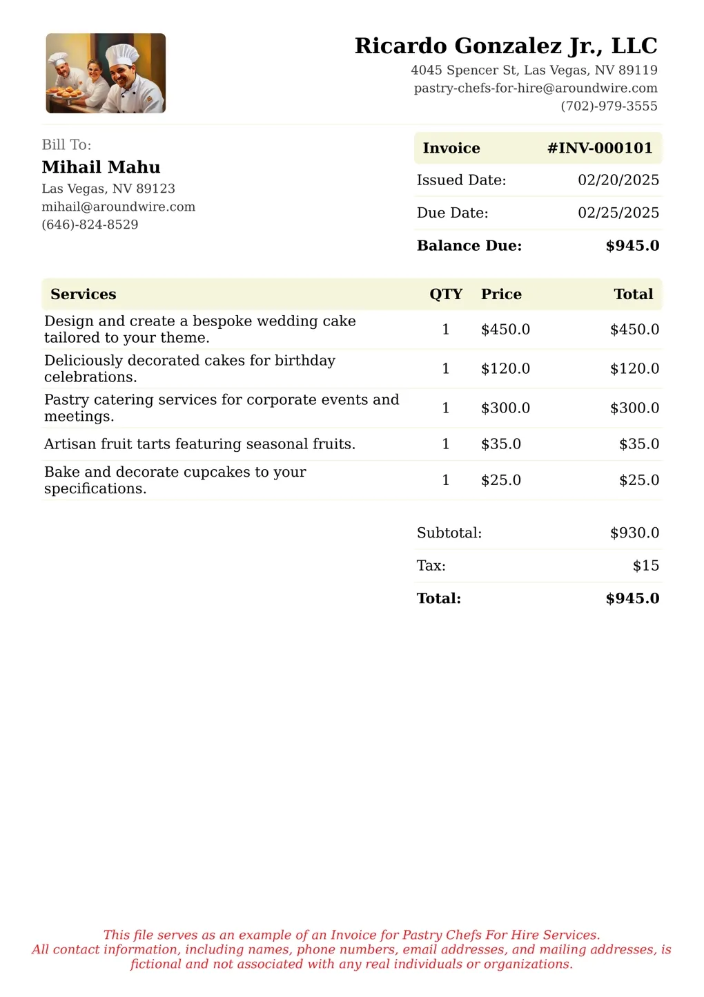 Sample of a Pastry Chefs For Hire services invoice