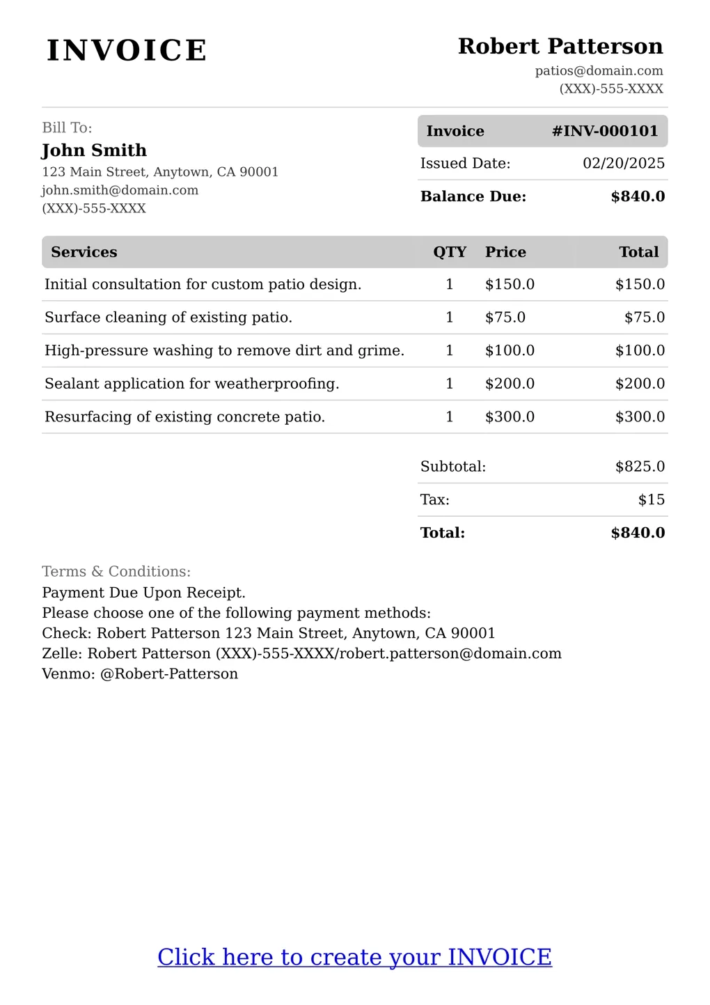 Sample of a Patios services invoice