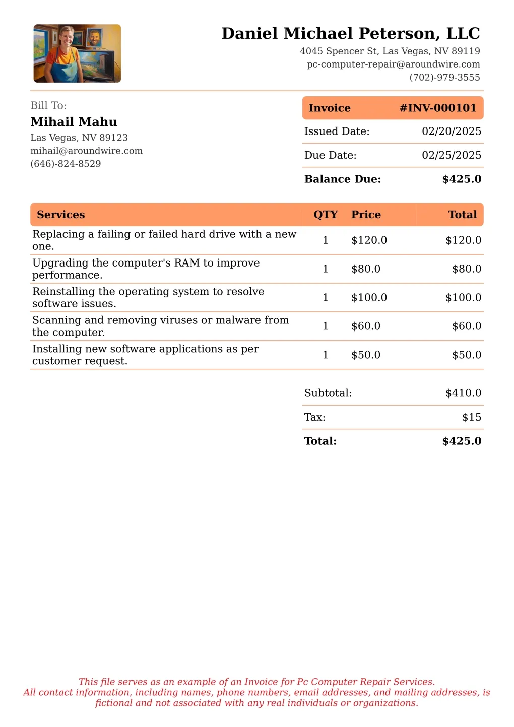 Sample of a Pc Computer Repair services invoice