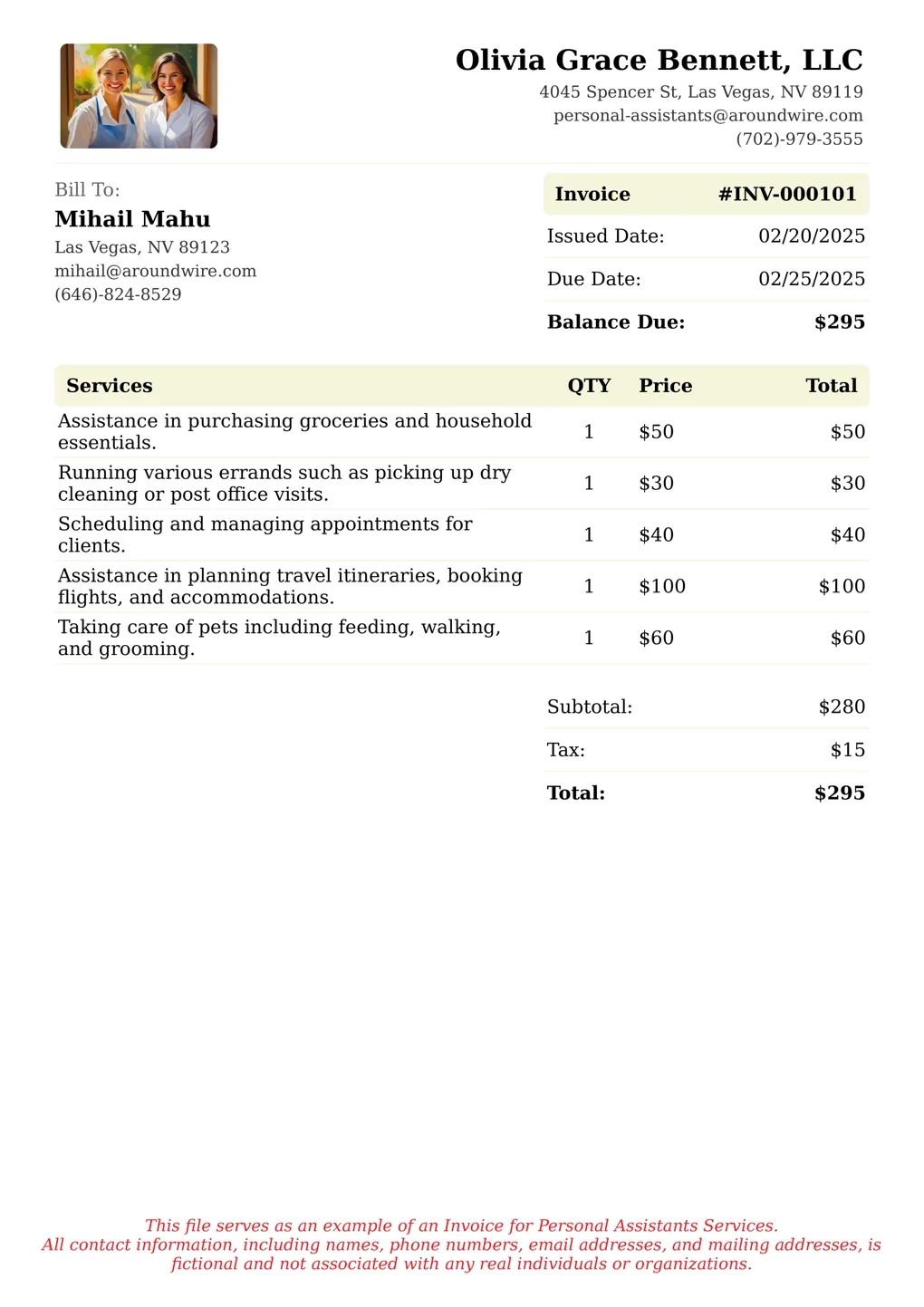 Sample of a Personal Assistants services invoice