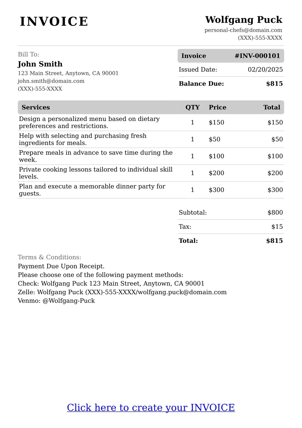 Sample of a Personal Chefs services invoice