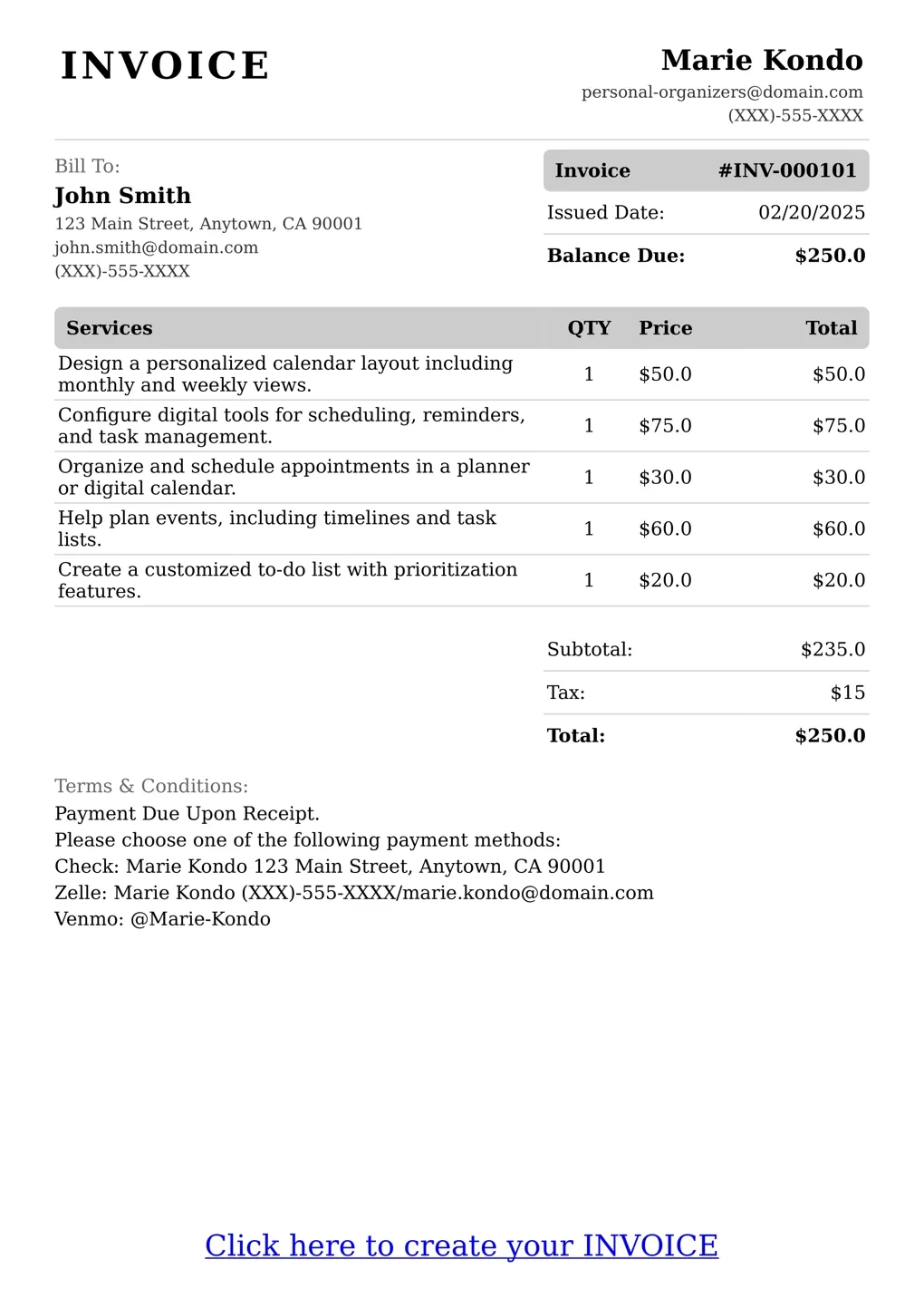Sample of a Personal Organizers services invoice