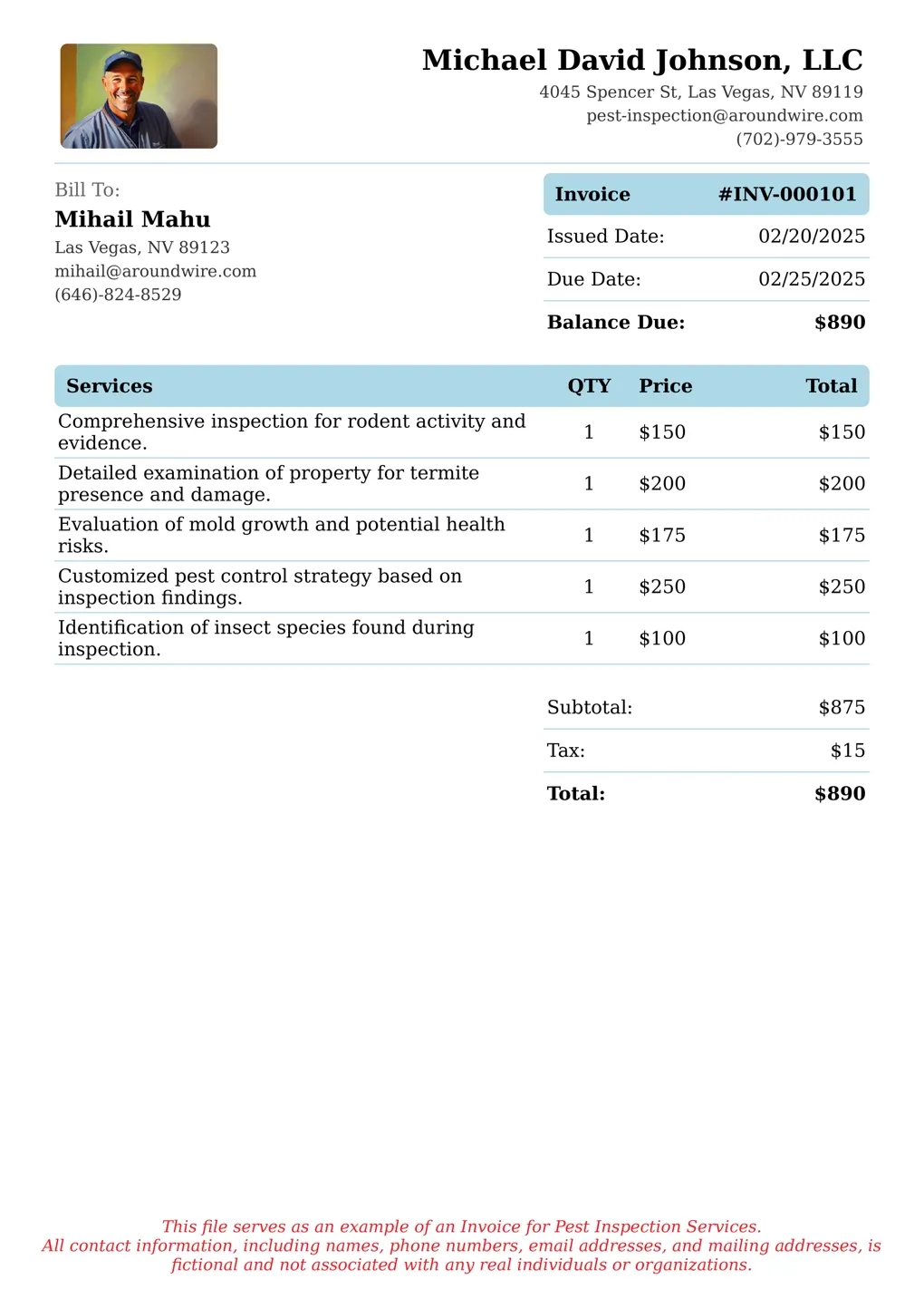 Sample of a Pest Inspection services invoice