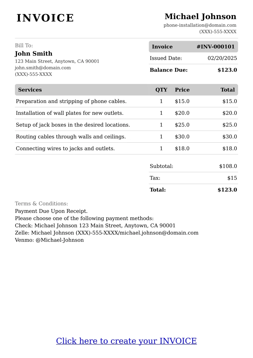 AroundWire: Free Phone Installation Invoice Template