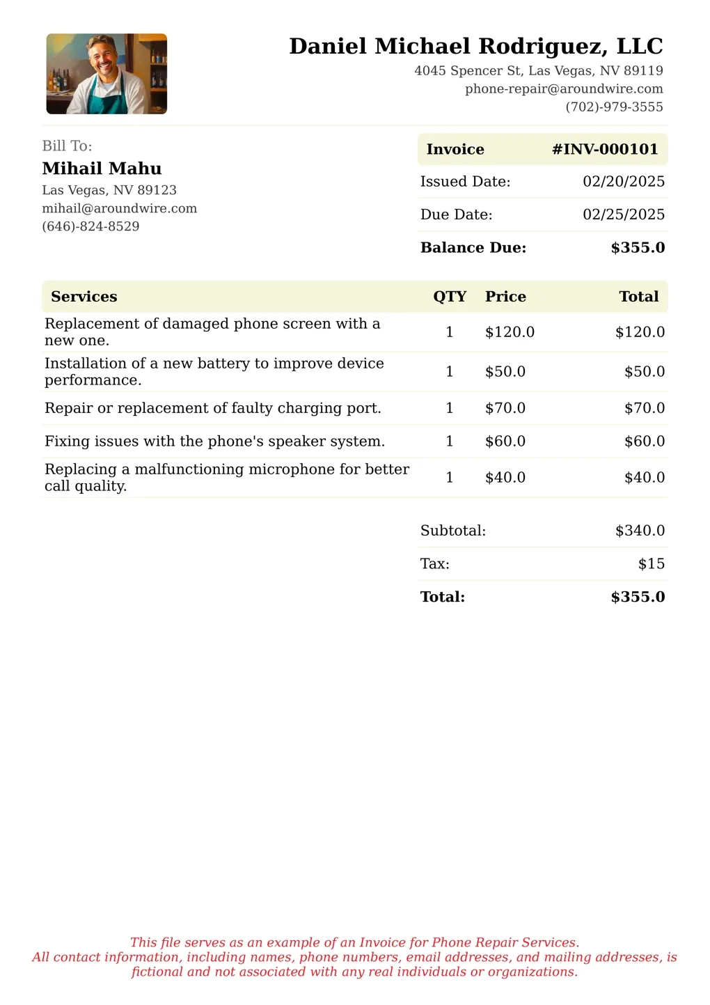 Sample of a Phone Repair services invoice