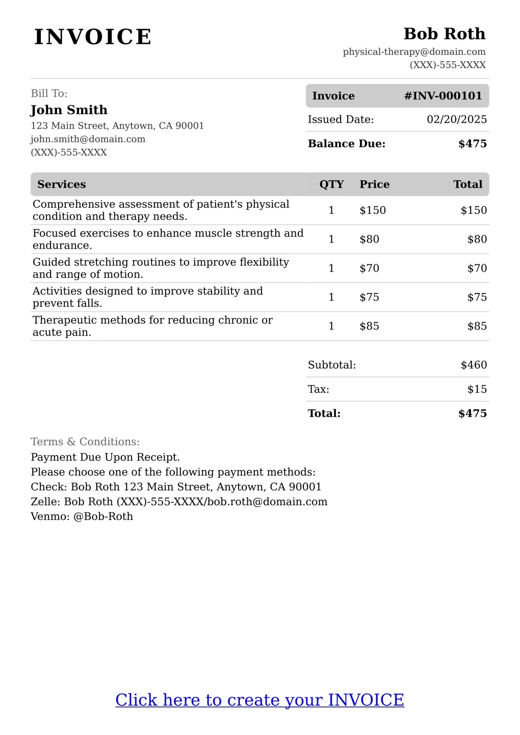 Sample of a Physical Therapy services invoice