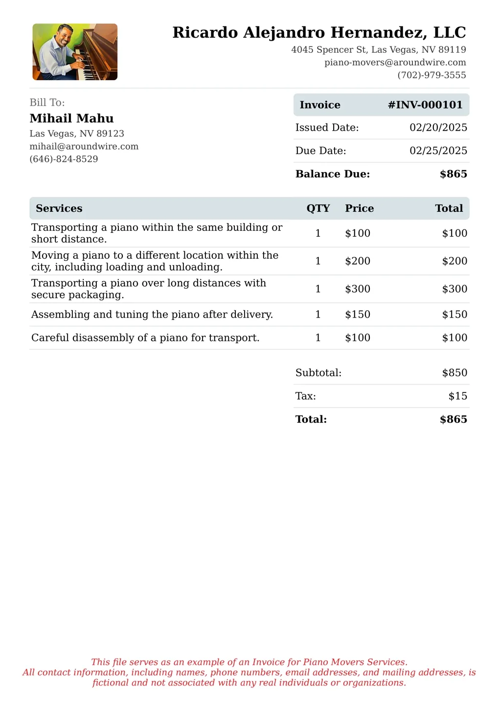 Sample of a Piano Movers services invoice