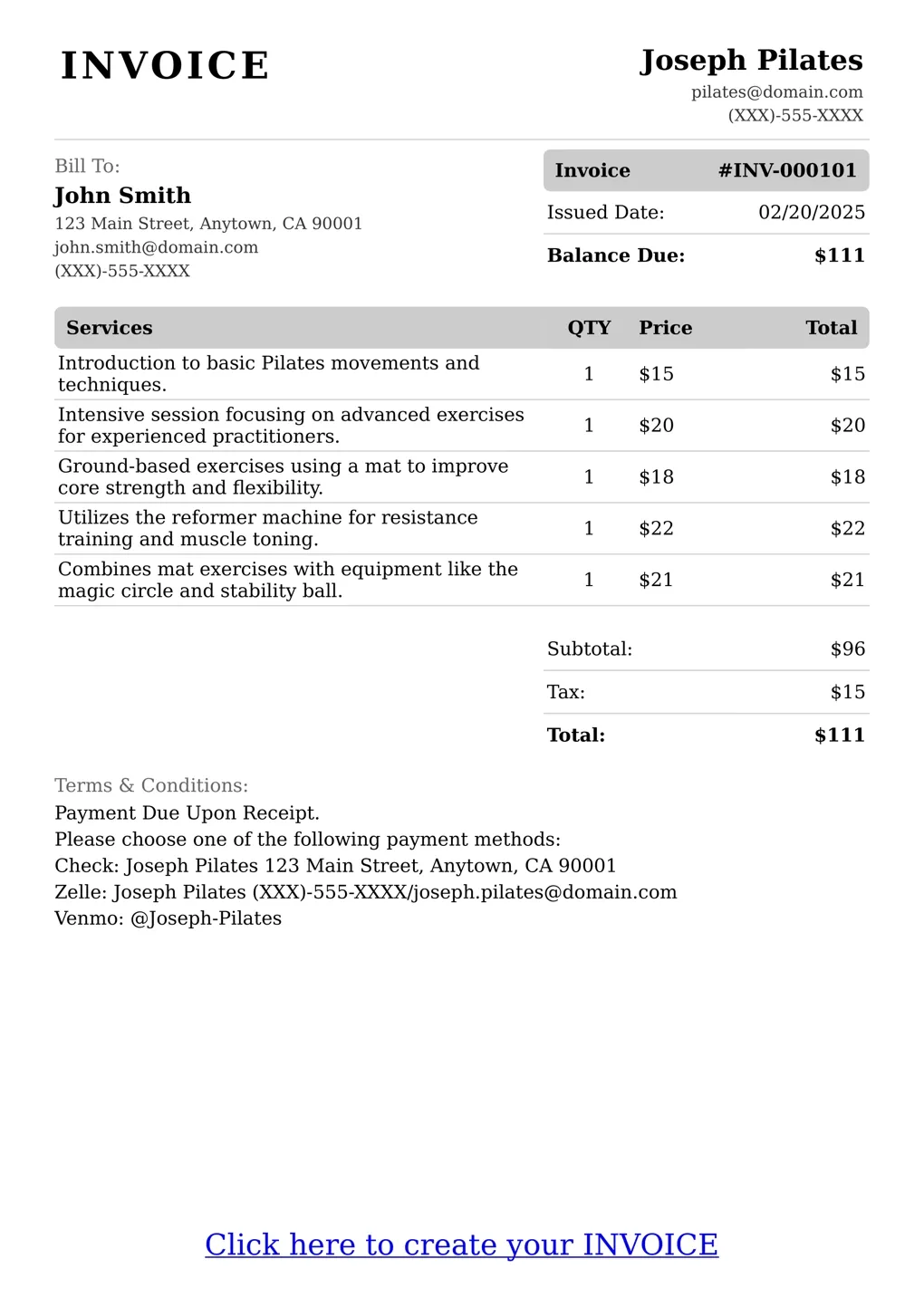 Sample of a Pilates services invoice