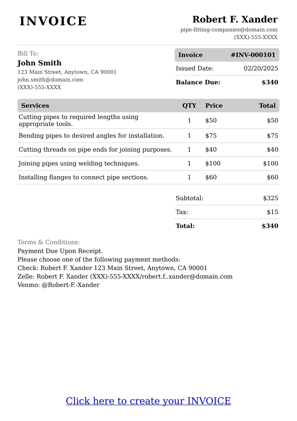 Sample of a Pipe Fitting Companies services invoice