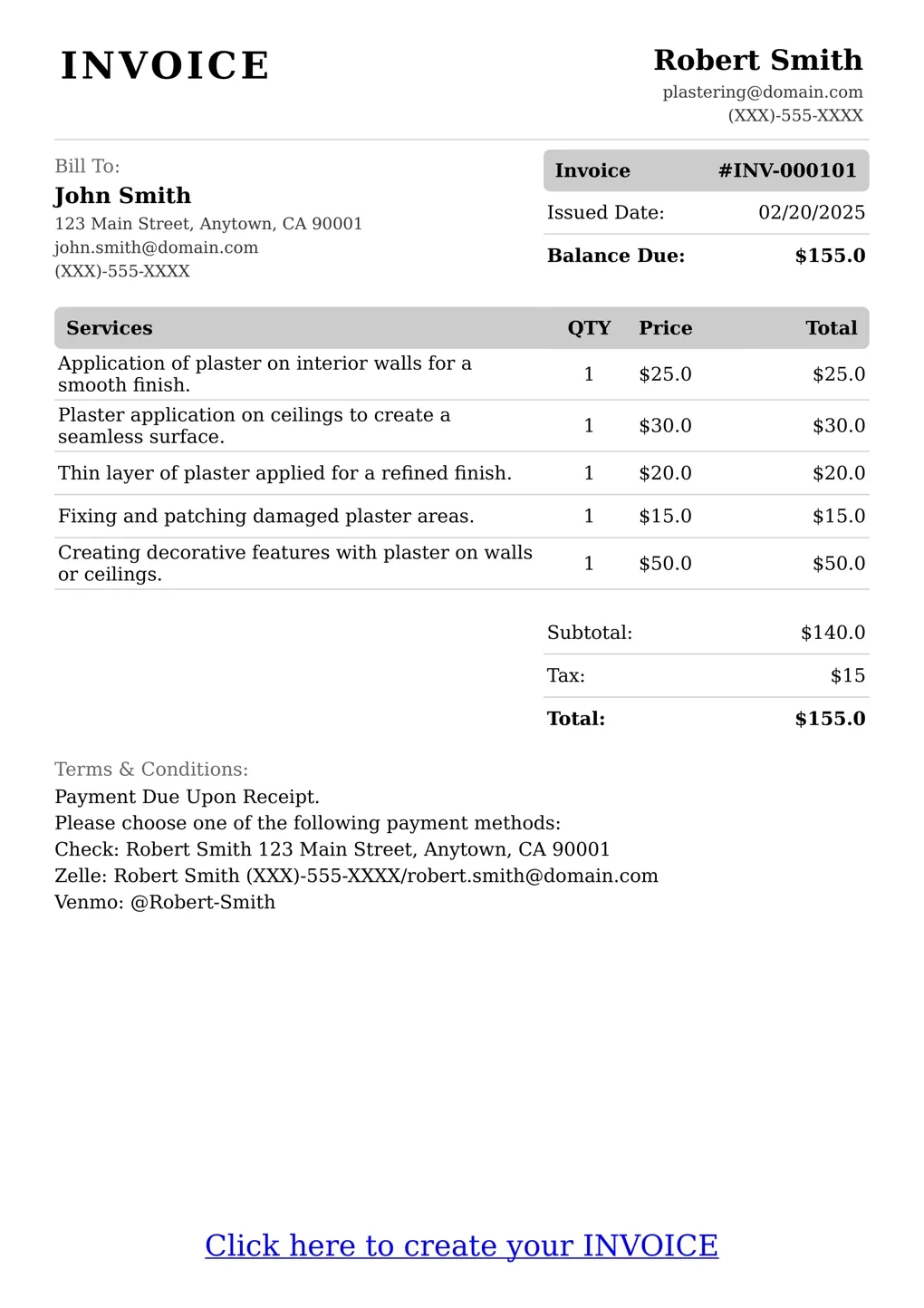 Sample of a Plastering services invoice