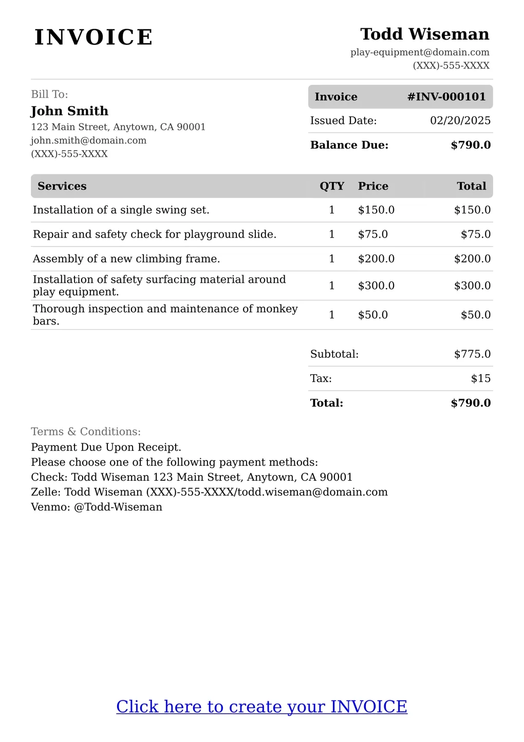 Sample of a Play Equipment services invoice